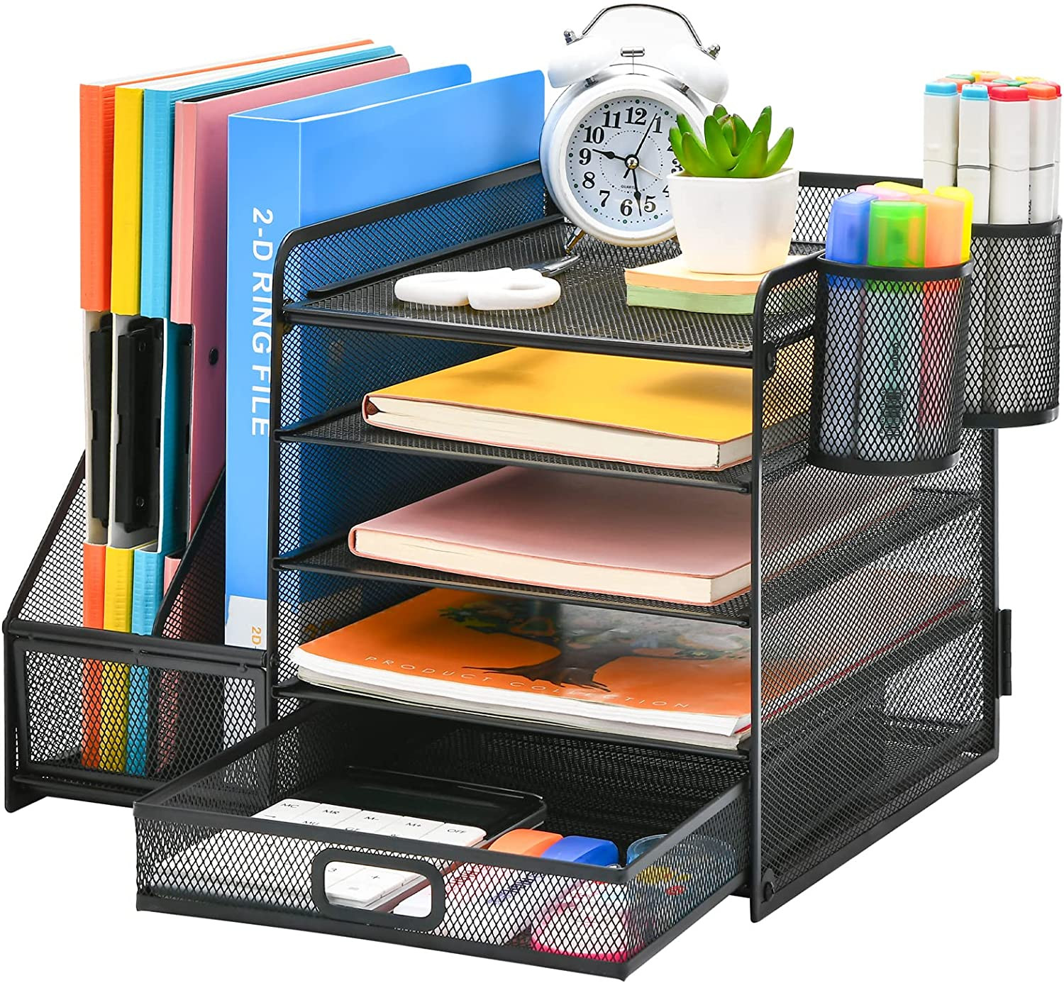 Desk Organizer with File Holder, 5-Tier Paper Letter Tray Organizer with Drawer