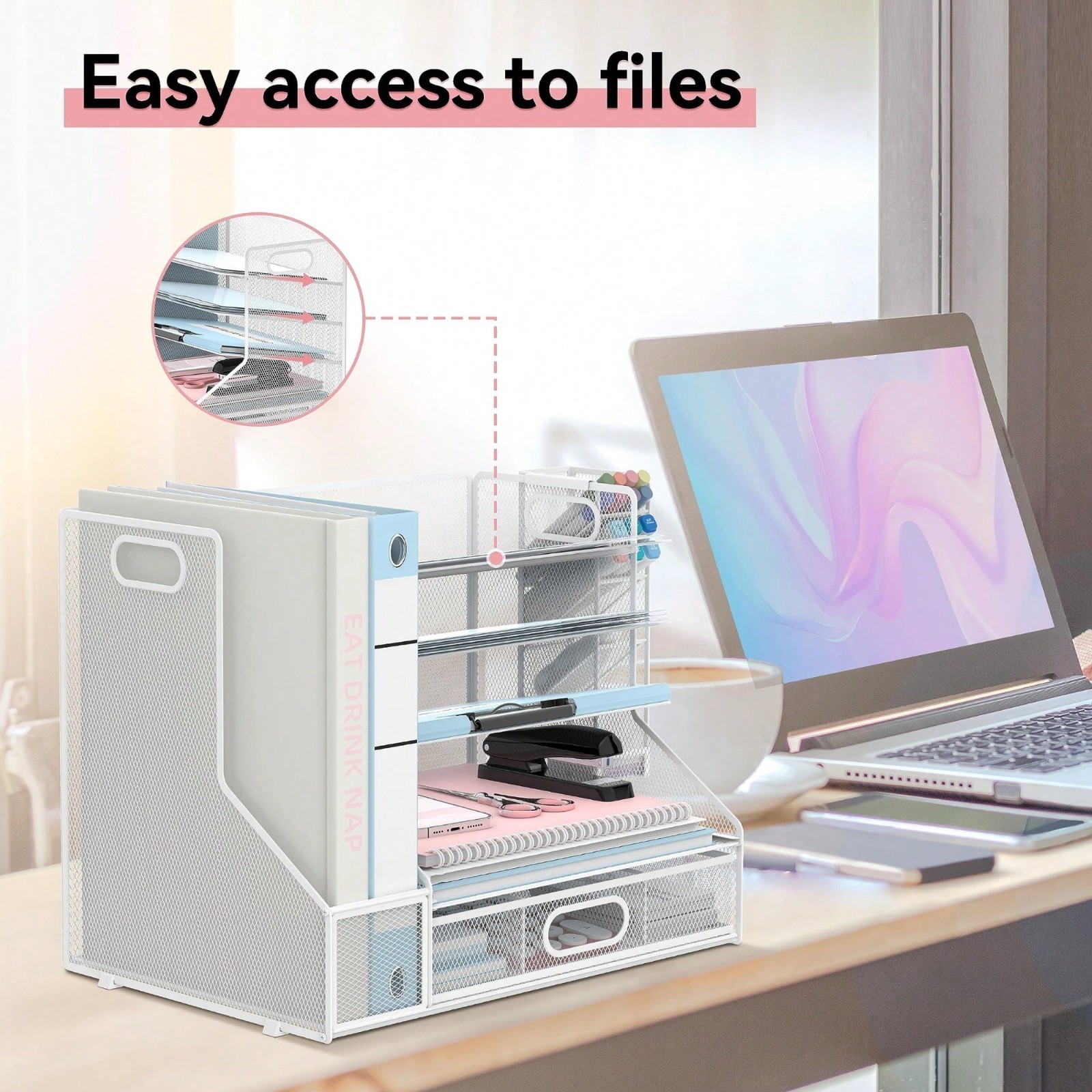 Stylish Neat Modern Desk Organizer 5 Tier File Tray With Drawer Pen Holder Mesh