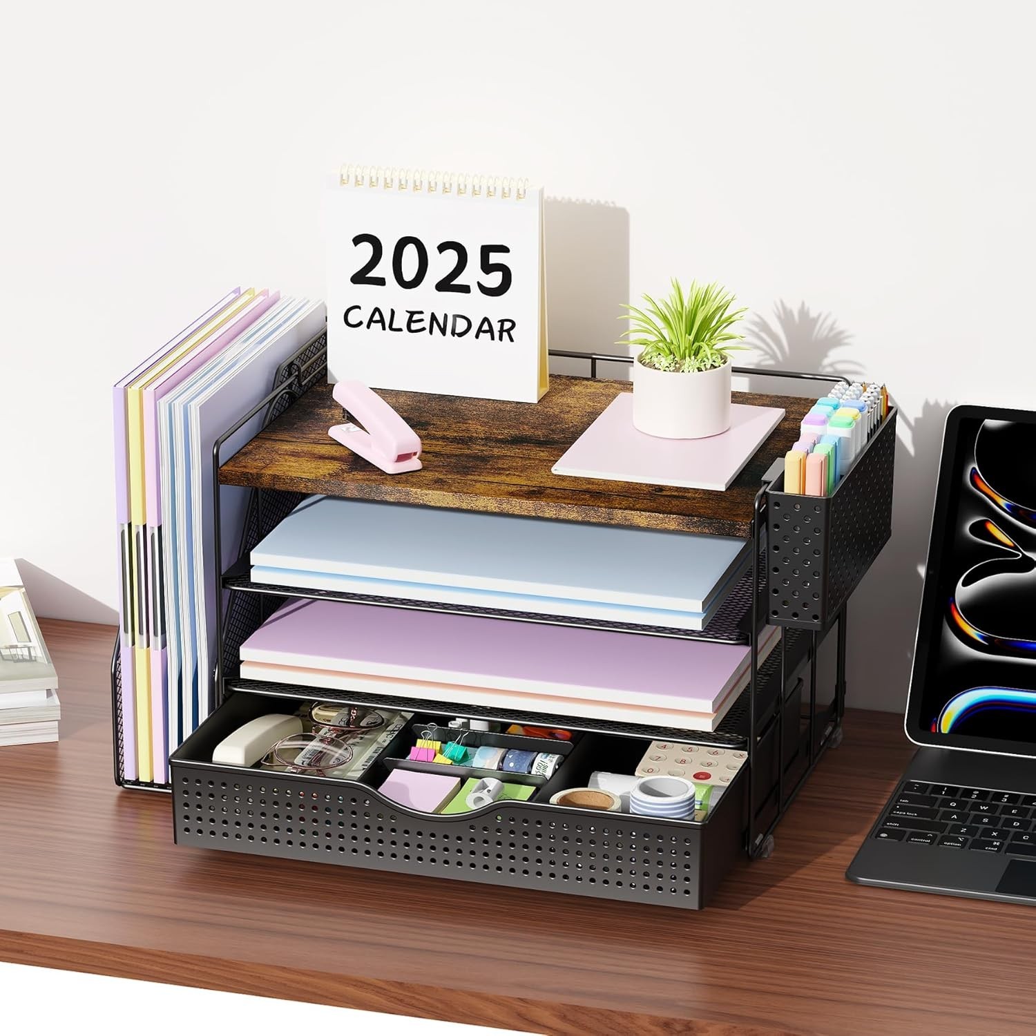 Wood Desk Organizers and Accessories with File Holder, 4-Tier Desk Accessorie…