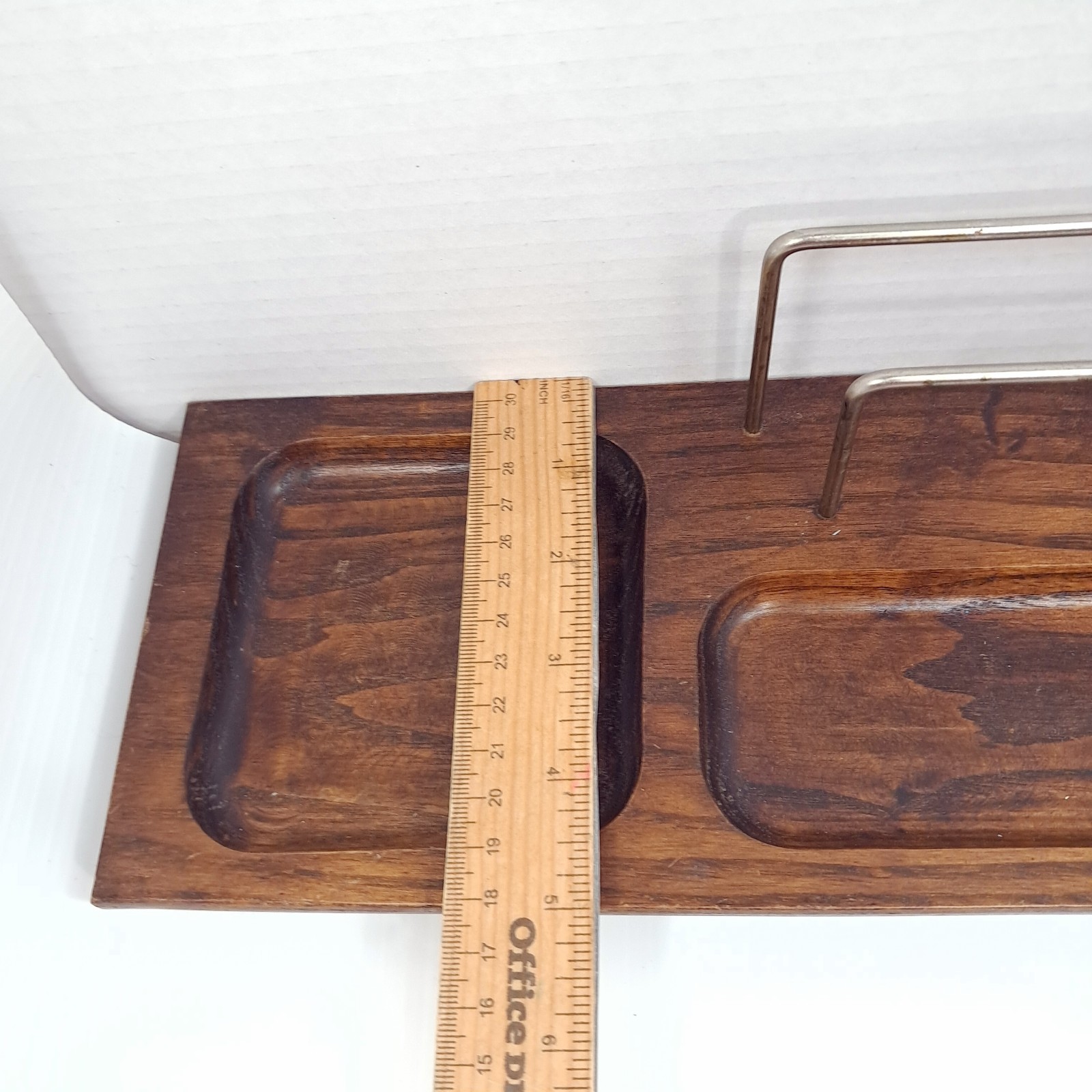 Vintage wood brass rail Desk Organizer Valet Tray office stationary mail paper
