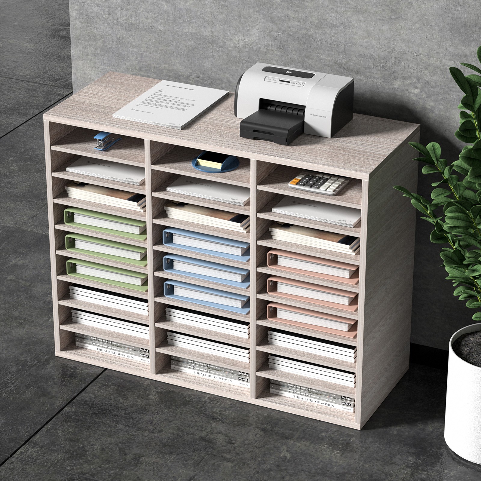 Uimoso Wood Literature Organizer File Sorter Paper Storage Holder 27 Slots Grey