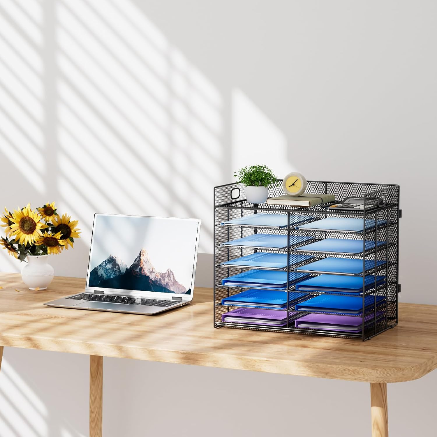 7-Tier Mesh Desk Organizer with Handle – Mail & File Sorter, Black