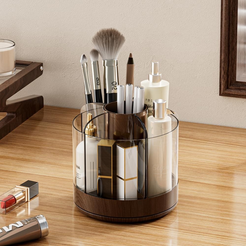 Siehpa3 Makeup Brush Holder 360° Rotating 6 Slot Dark Woodgrain