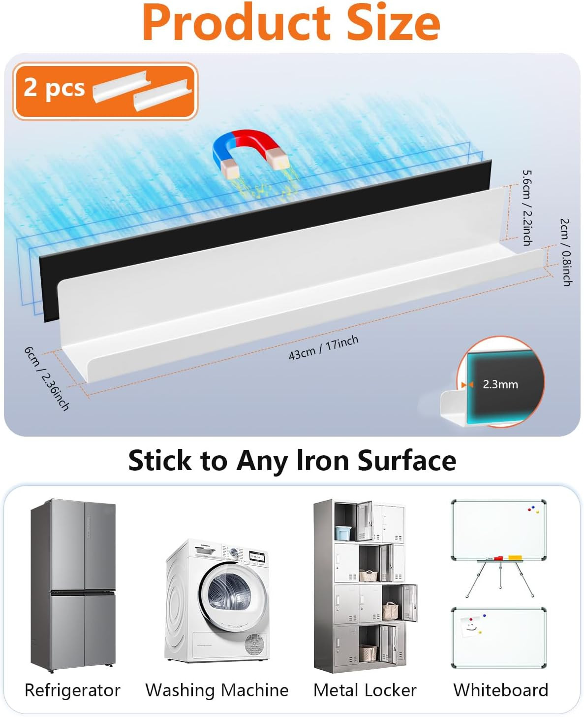 2-Pack Magnetic Book Shelf for Whiteboard – 17 Inch Reusable Metal Magnetic Shel
