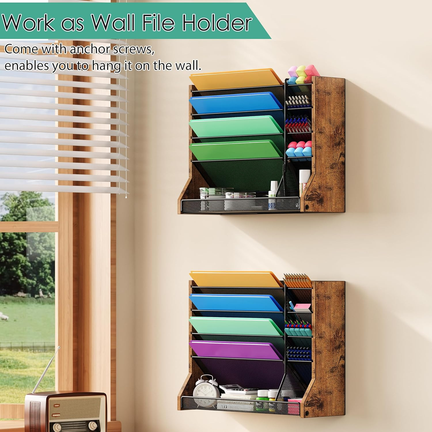 Jakyitvi 5 Tiers Ironwood Wall Desk File Holder Organizer Organizer, Brown | Adj