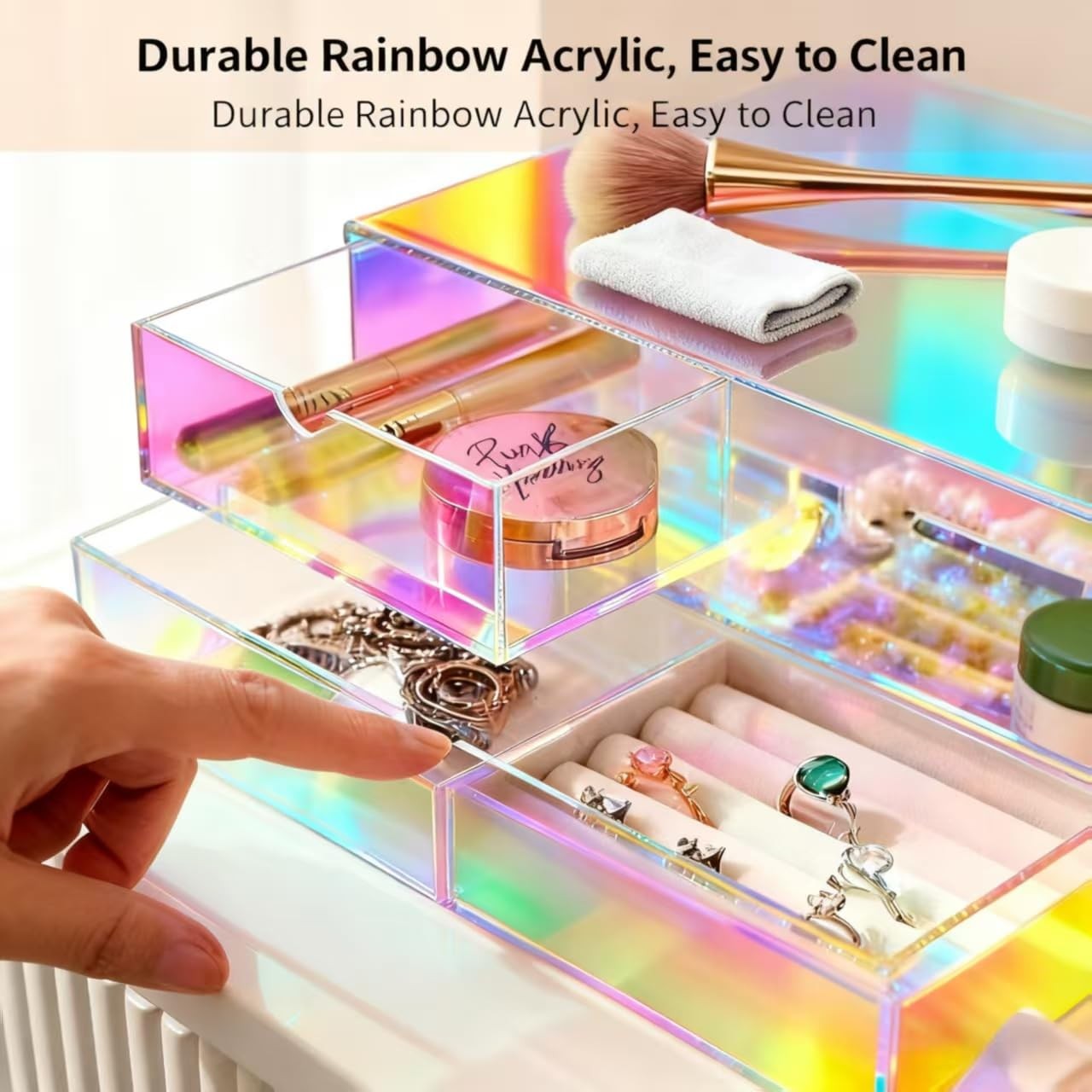 AZY Rainbow Acrylic Earring Organizer 2-Tier 3-Drawer with 6 Colorful