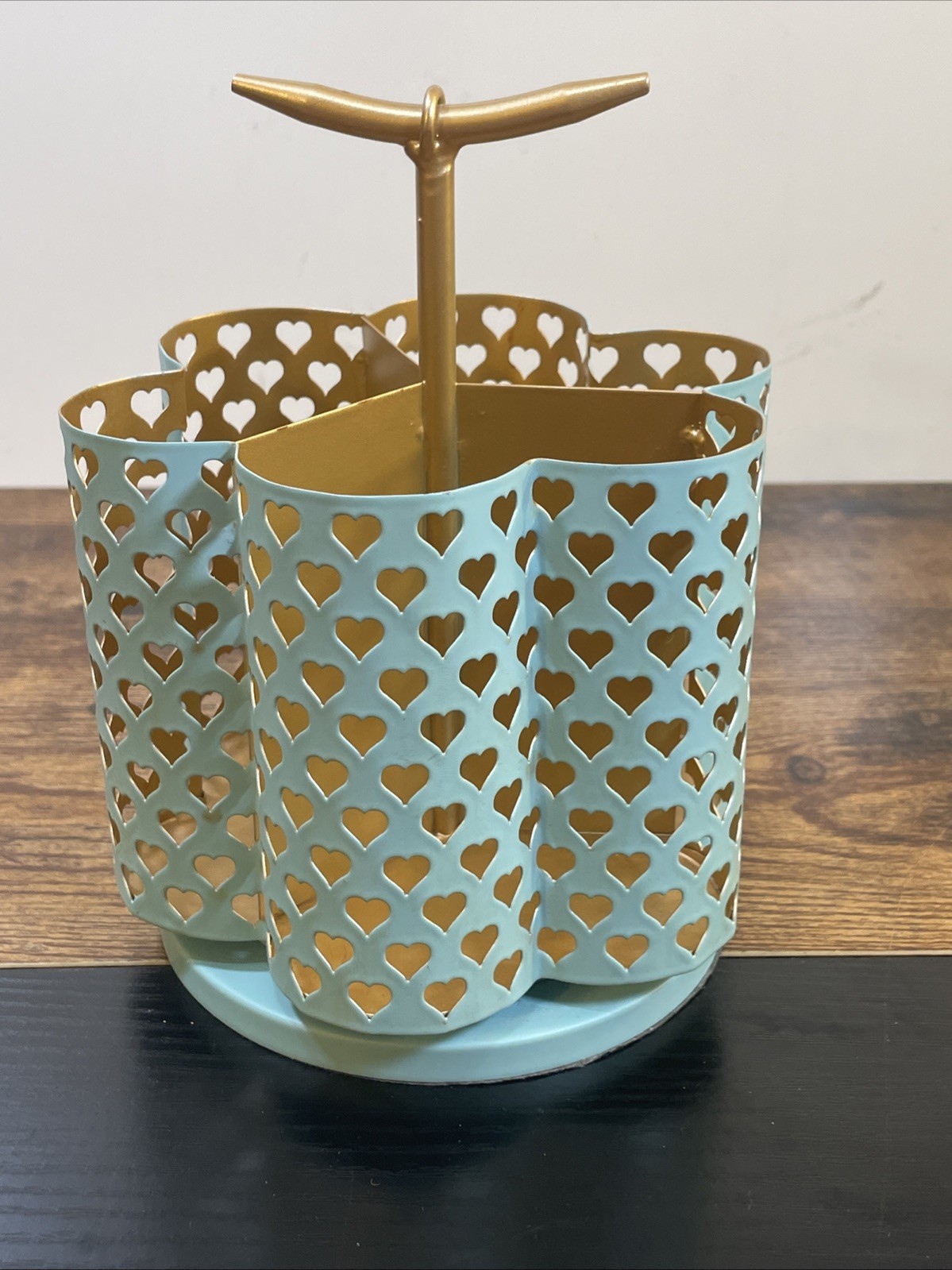 Heart Rotating Desk Organizer Caddy Turquoise Teal Gold Excellent Rare HTF