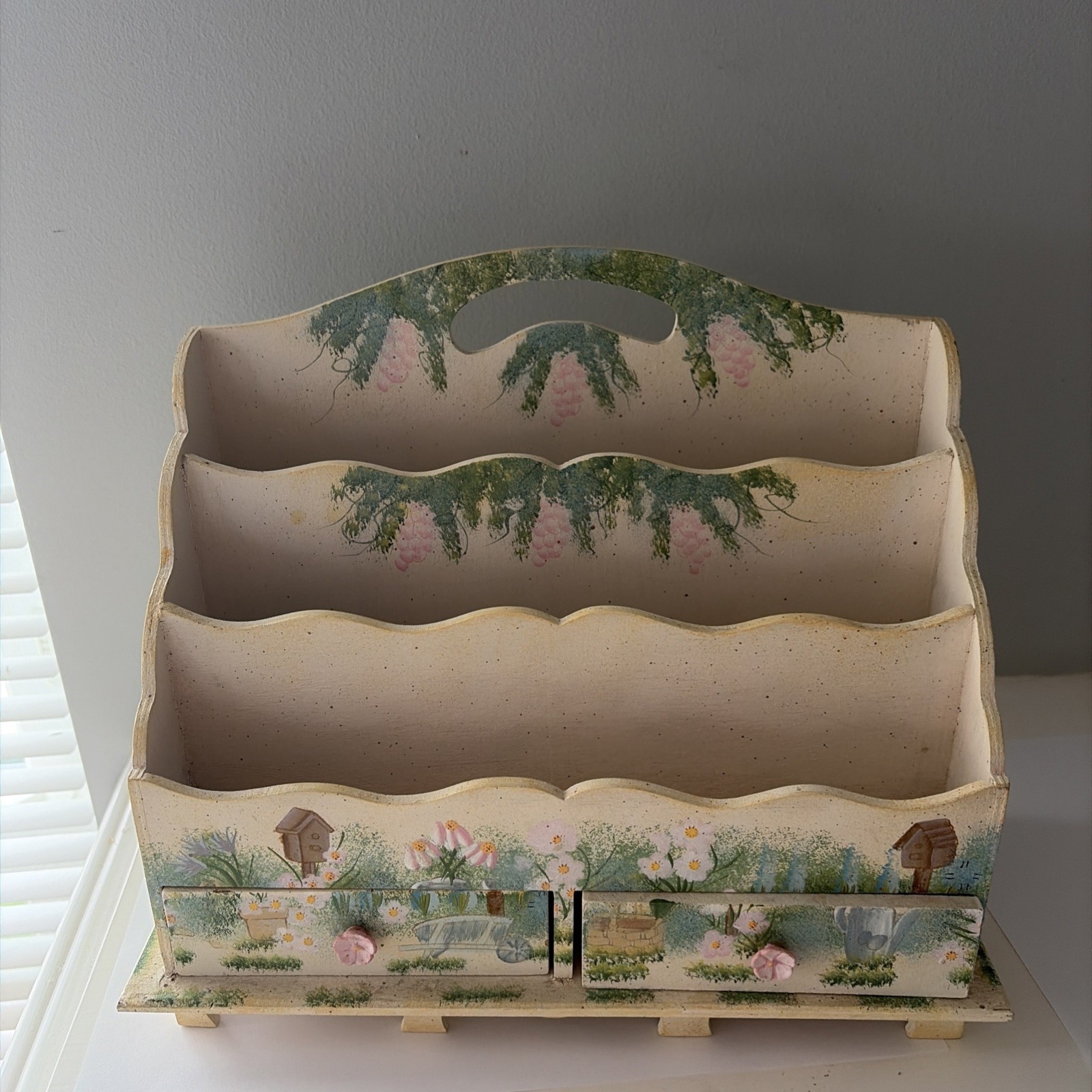 Cottage core Handpainted garden floral Wood Desk Caddy 10 X 5.25 x 8.5″