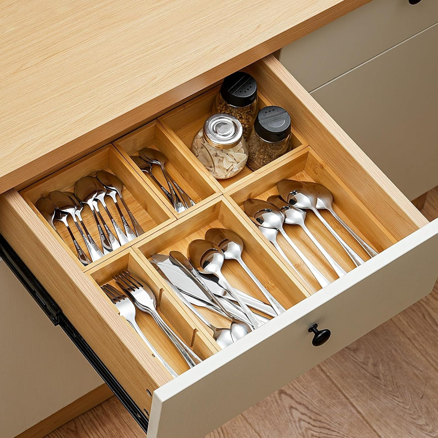 Bamboo Drawer Organizer Set of 9 Wood Storage Boxes for Kitchen Desk Bath