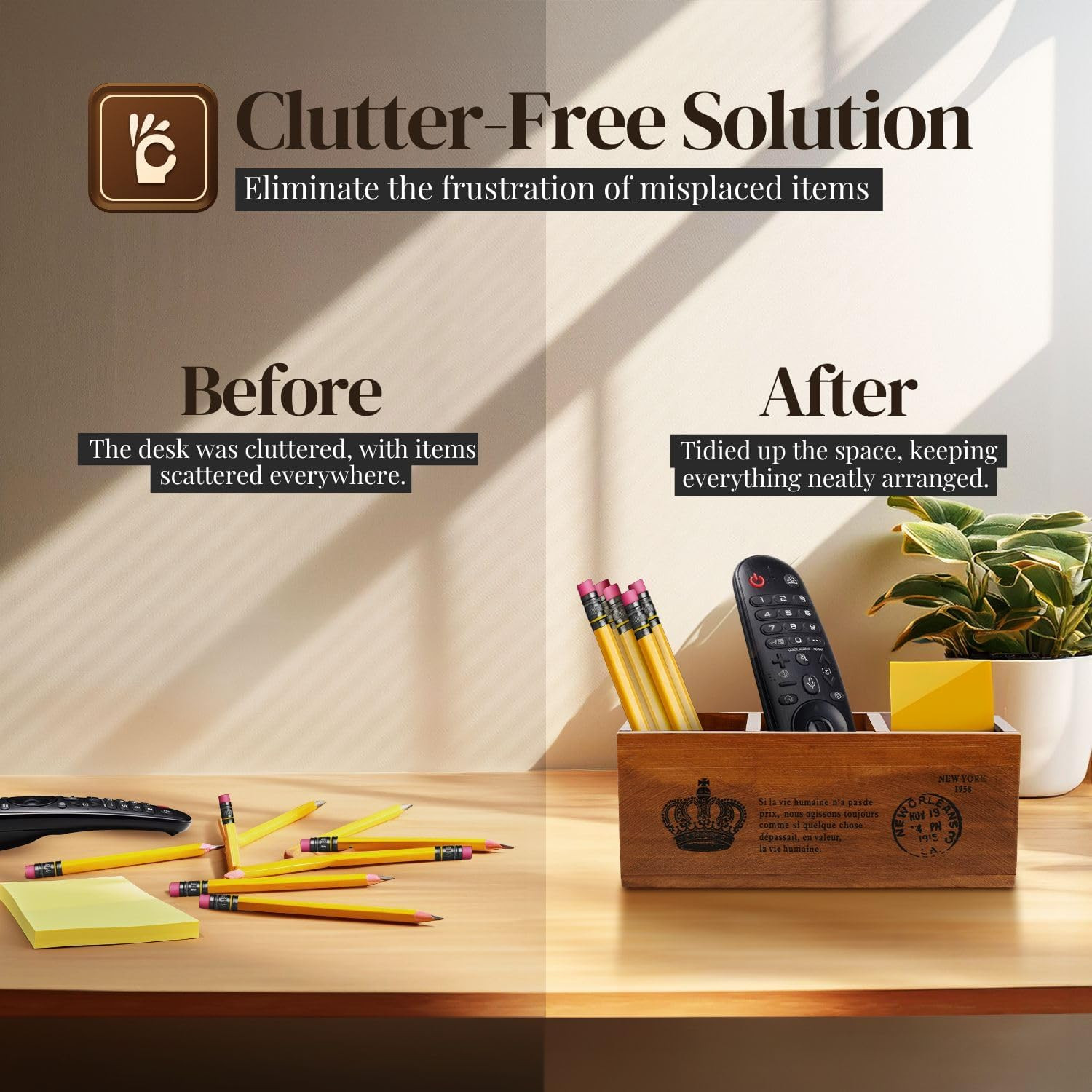 Rustic Wooden Pencil Holder for Office – 3 Compartments – Desk and Table Storage