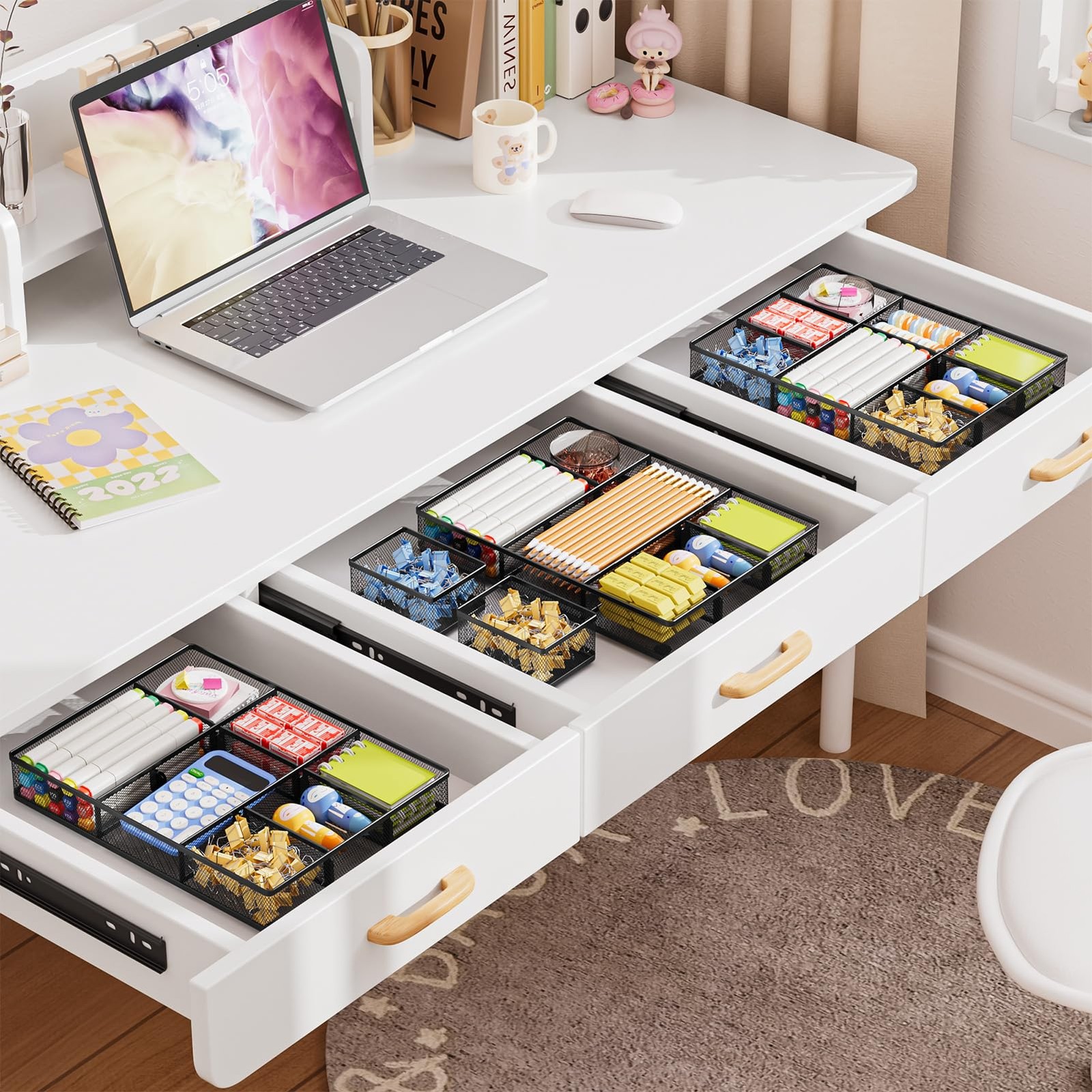 3 PCS Desk Drawer Organizer 9 Adjustable Compartment Makeup Office Black