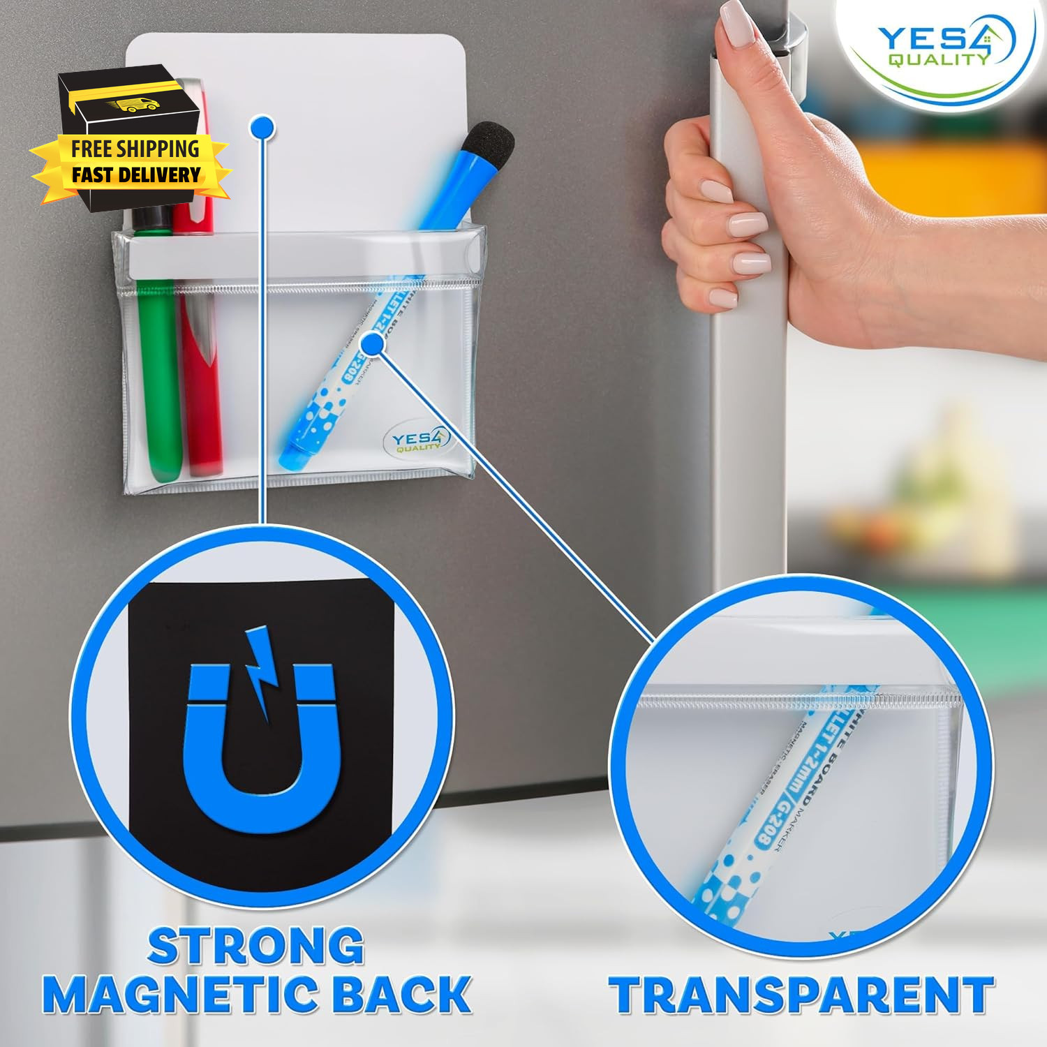 Magnetic Pen Holder for Refrigerator with Strong Magnetic Back, Dry Erase Marker
