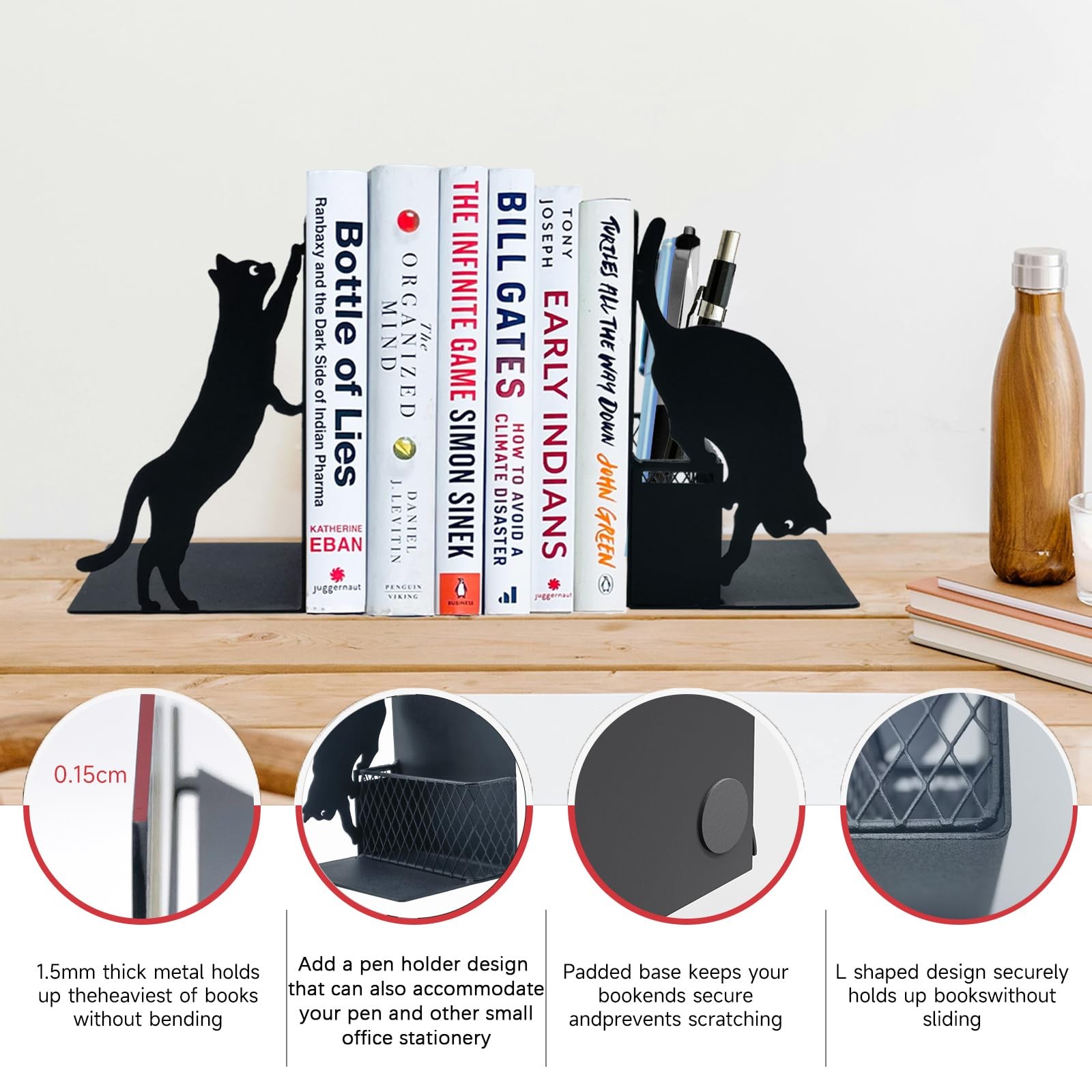 Cat Book Ends for Shelves, Metal Decorative with Pen Black