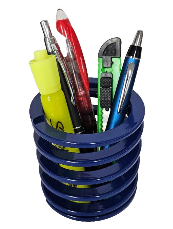 Desk Top Organizer Pen Holder – Automotive Spring – METAL – BLUE – 3″ Tall