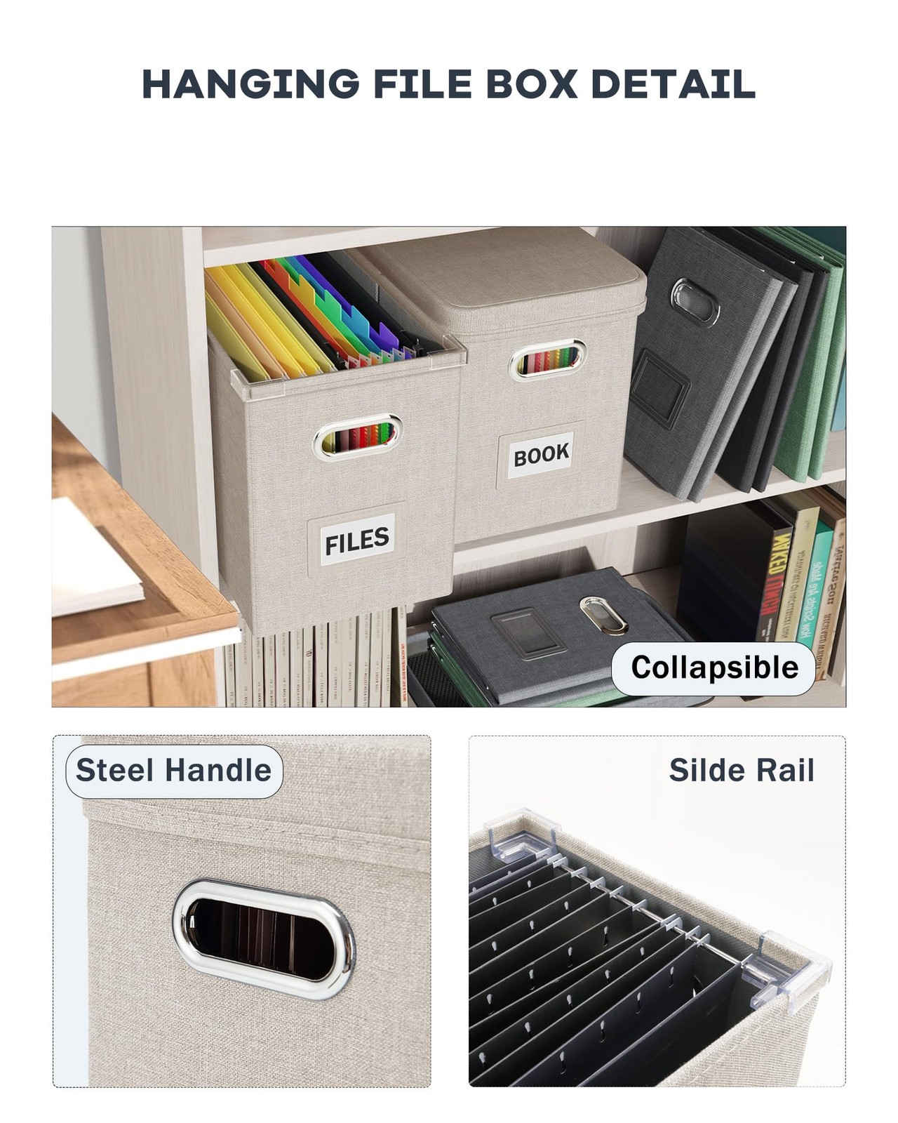 Oterri File Organizer Box with Lid, Hanging Filing 1 PCS, Beige