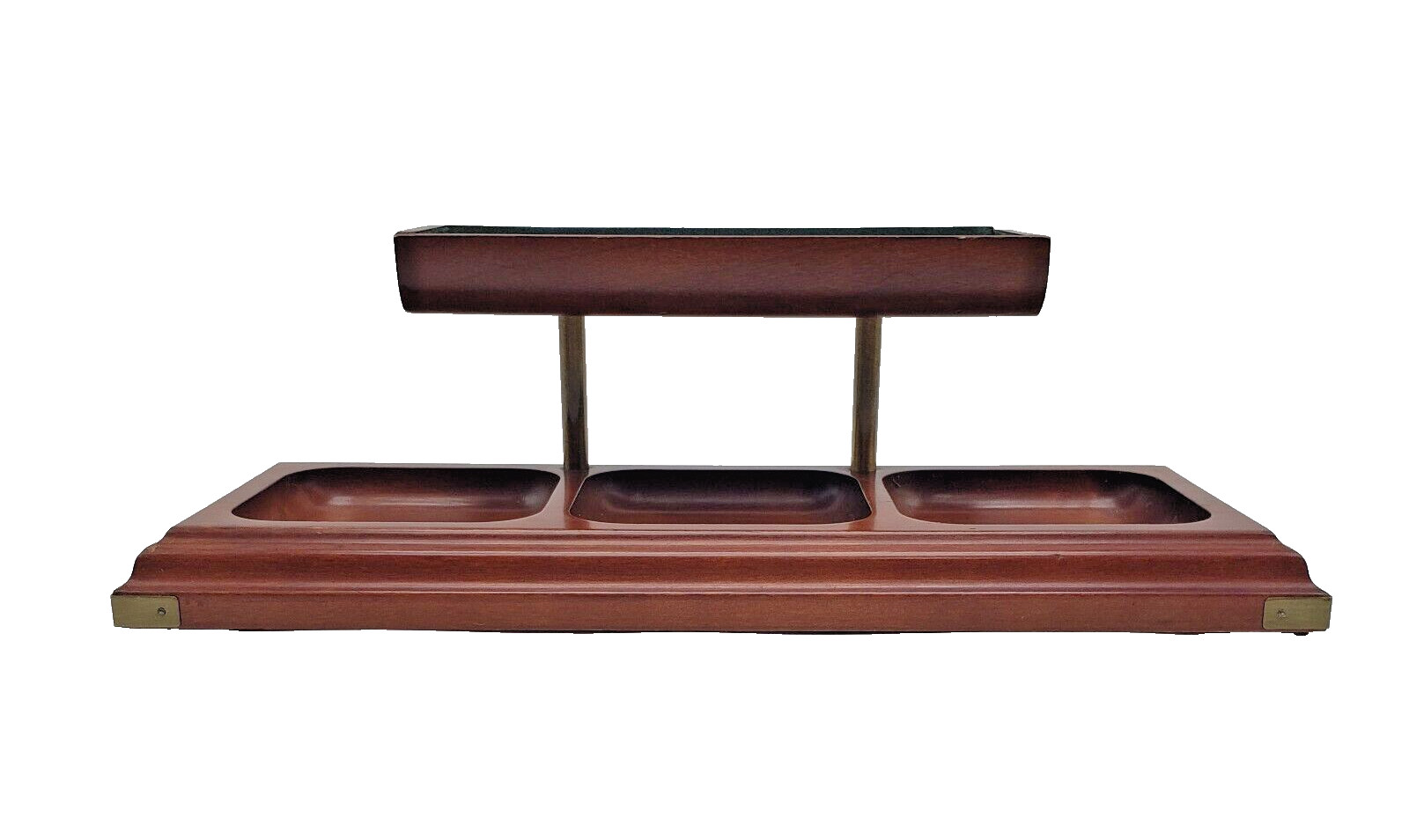 Vintage BOMBAY Wood Office Desktop Dresser Tray Organizer Brass Corners 1996