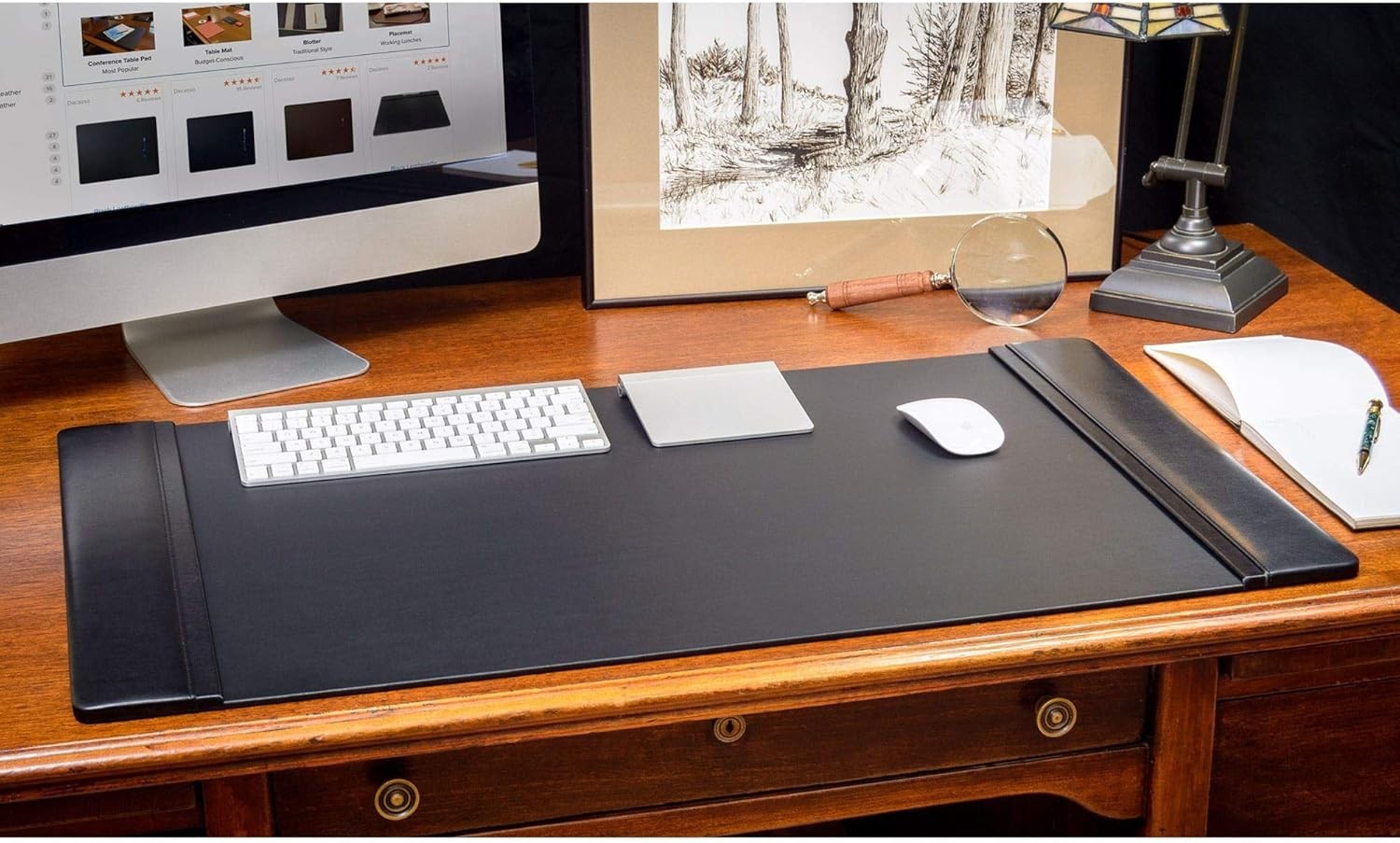 DACASSO Classic Leather Desk Pad with Side Rails (Black, 34” x 20”) NEW
