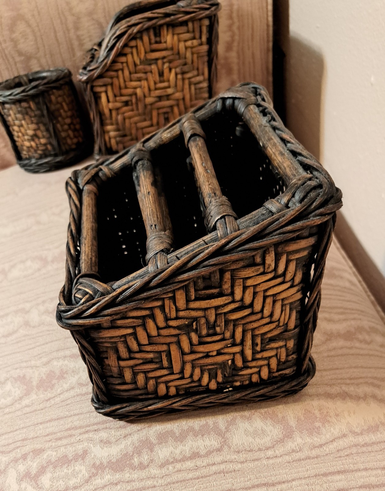 Vintage 4 Pc Woven Bamboo Rattan Wicker Desk Organizer Set Pencil Letter Boho