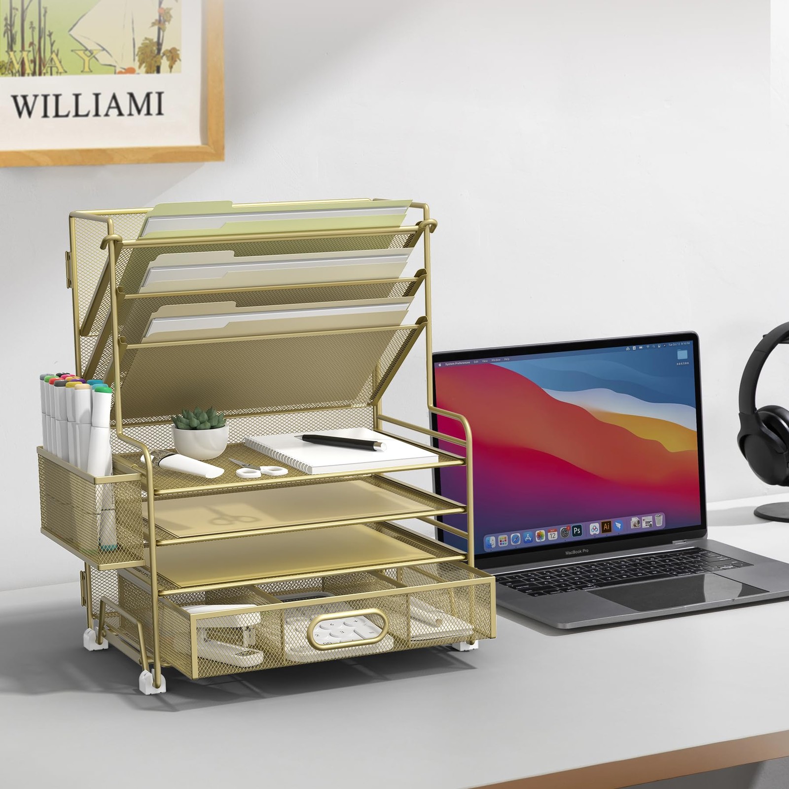 Gold 4Tier Paper Organizer 3Pocket File Holder Drawer Pen Tray Desktop Set
