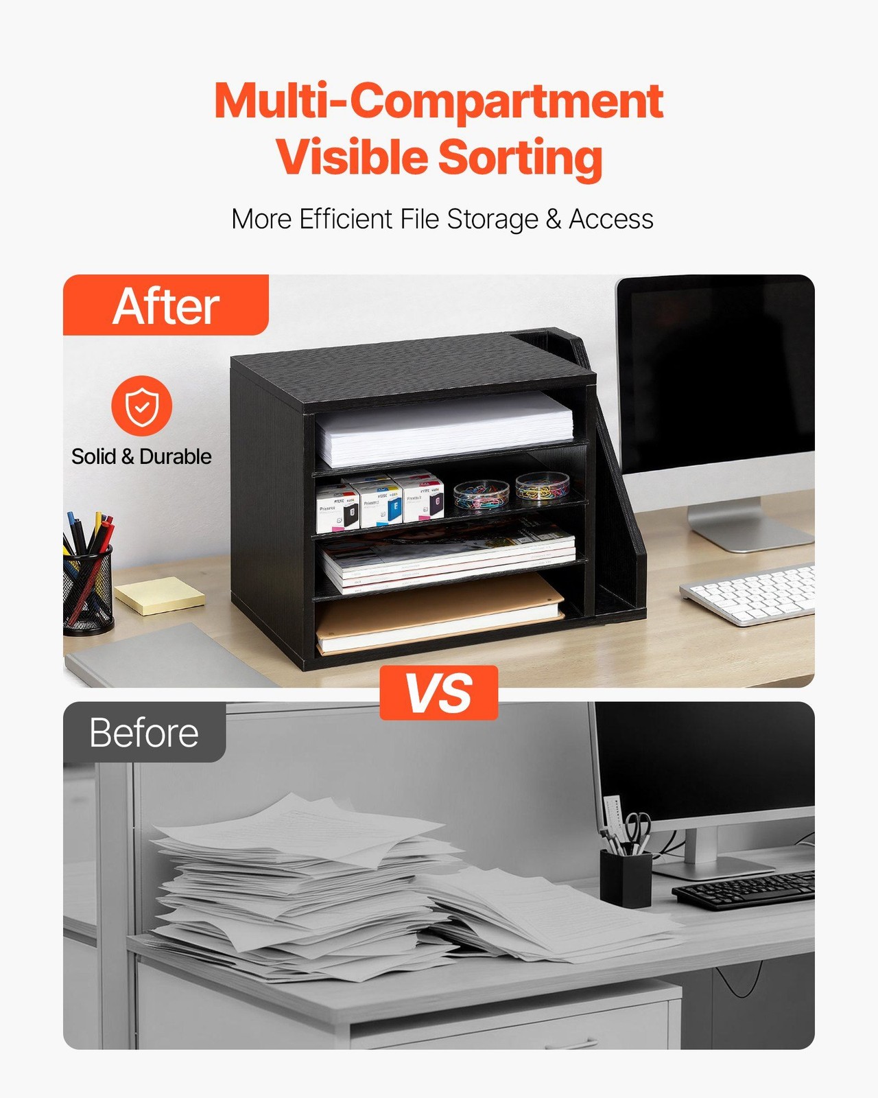 4-Compartment Wooden Mailbox: Desktop Document Organizer with Side File Holder