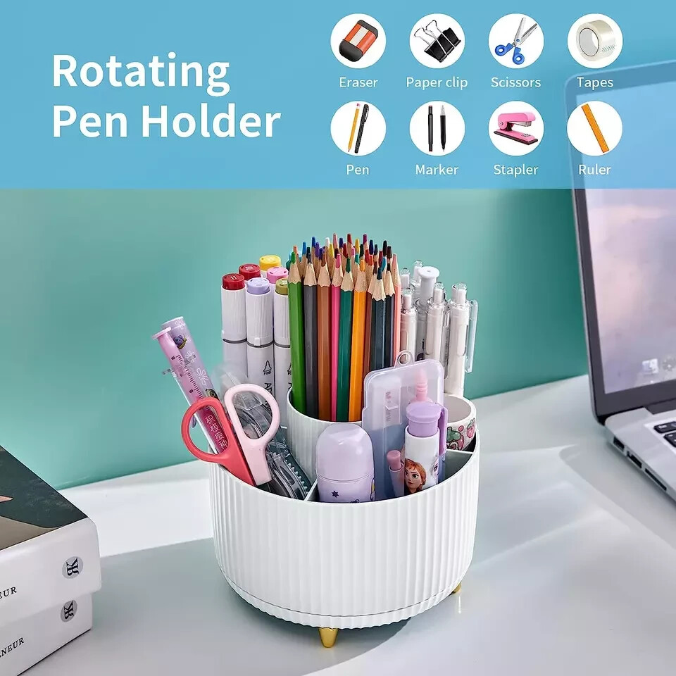 Pencil Pen Holder for Desk, 5 Slots 360° Degree Rotating Desk Organizers and Acc