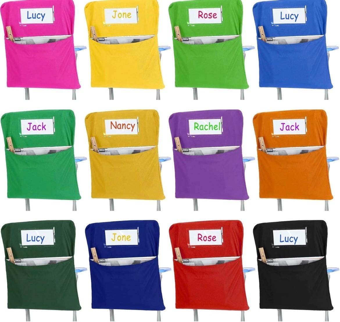 24 Pcs Classroom Chair Storage Pockets with Name Tags – Mixed Colors NEW