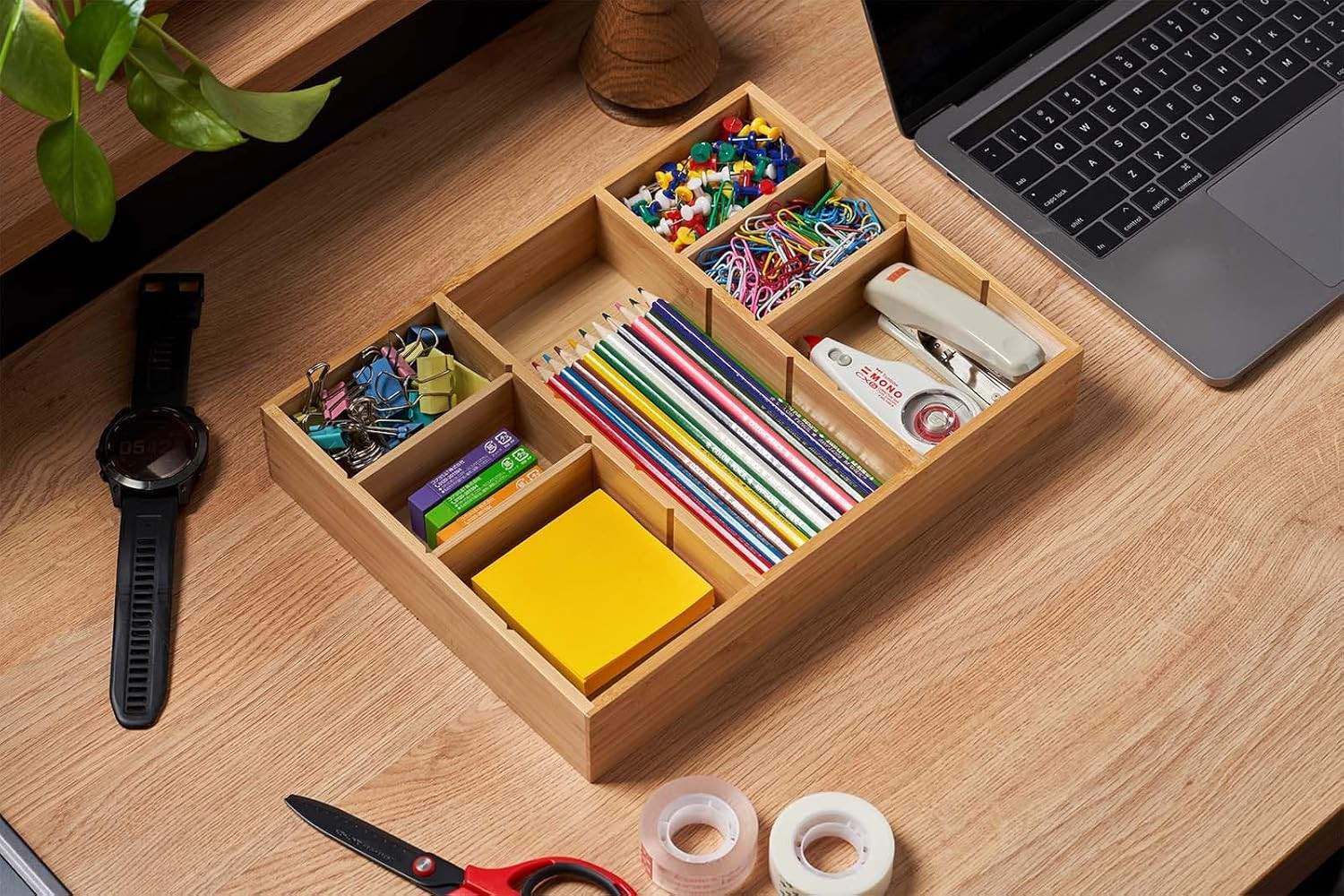 Bamboo Desk Drawer Organizer, Wood Junk Organizer Tray with Adjustable Dividers,