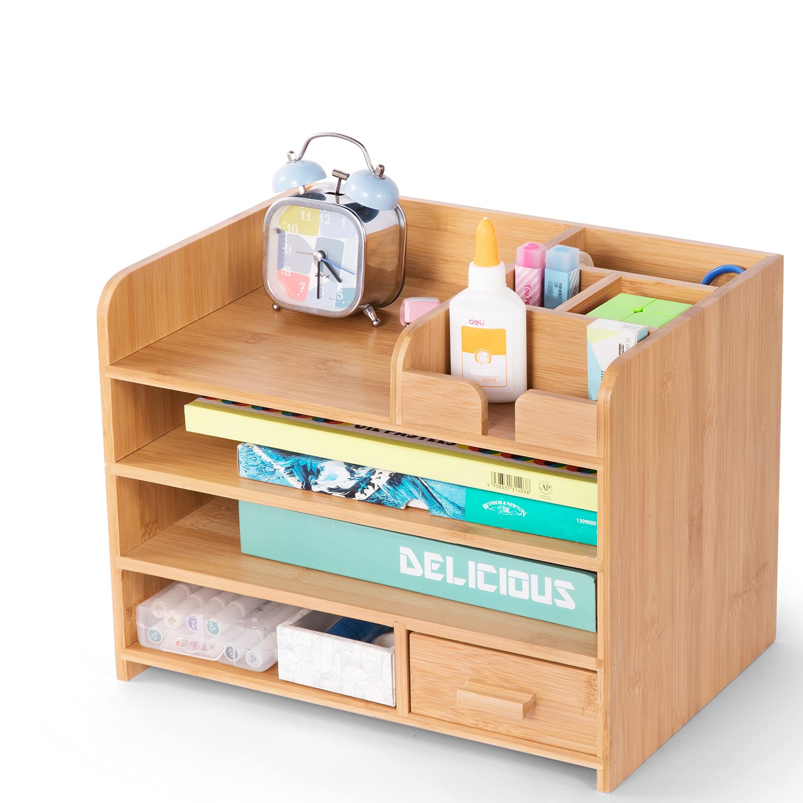 HYNAWIN Bamboo Desktop Organizer with Drawers, Tabletop 4-Tier, Natural