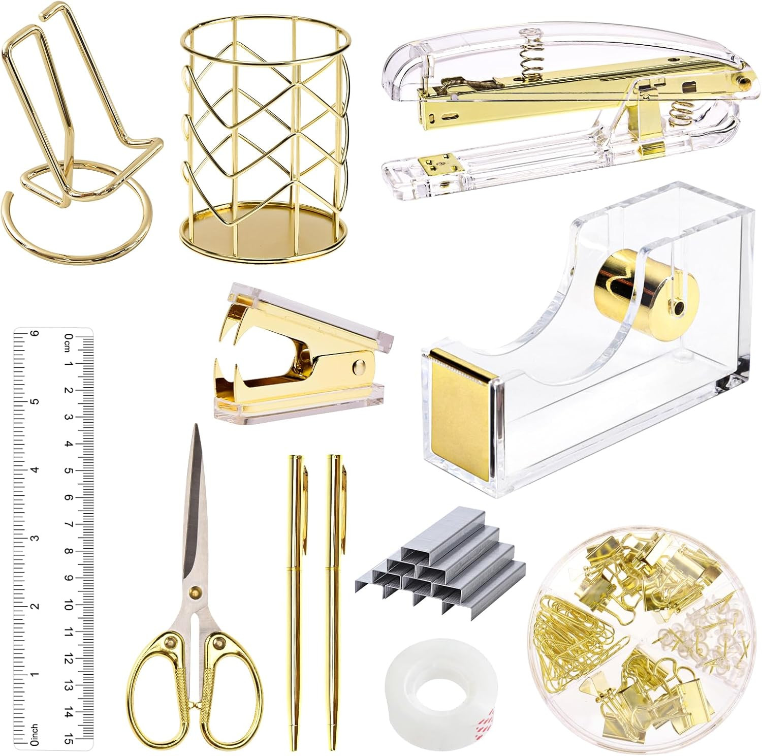 Gold Office Supplies Set Desk Accessories, Acrylic Stapler Set Staple Remover, P