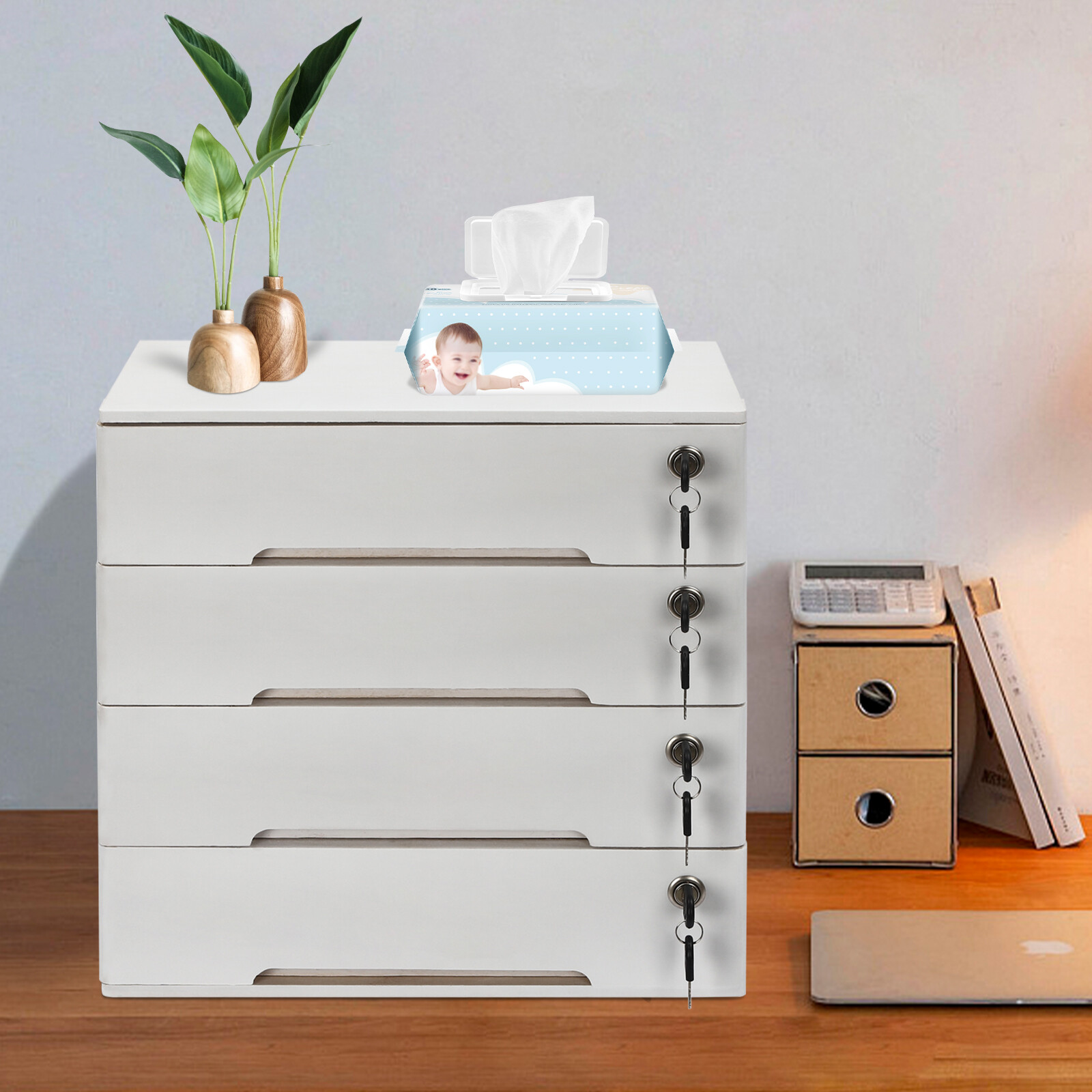 4-layer white wooden desktop storage box file cabinet with lockable drawers