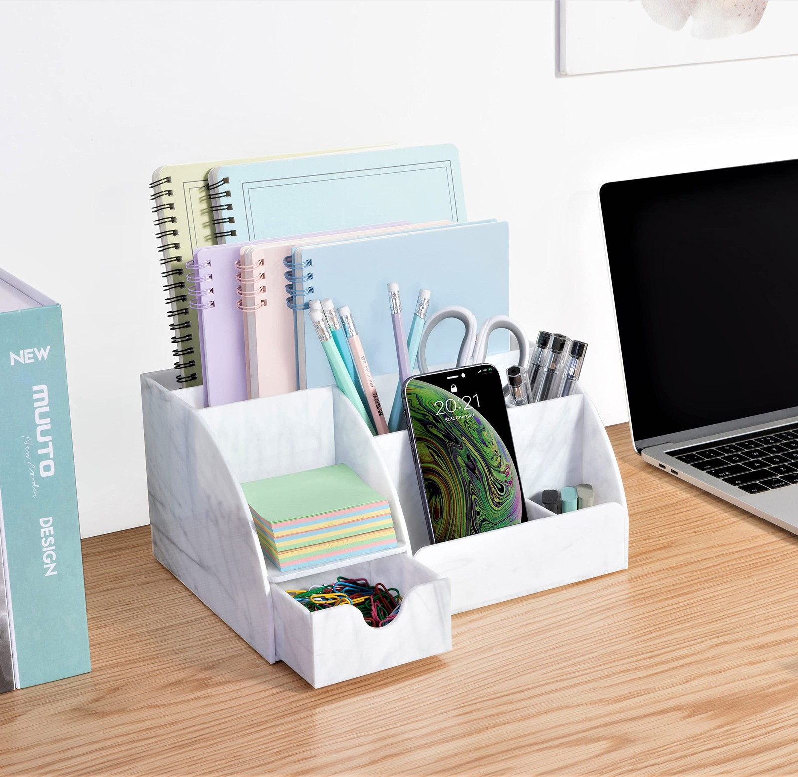 Marble Desk Organizer, 9~Section Pencil Pen Holder for Office Supplies, White