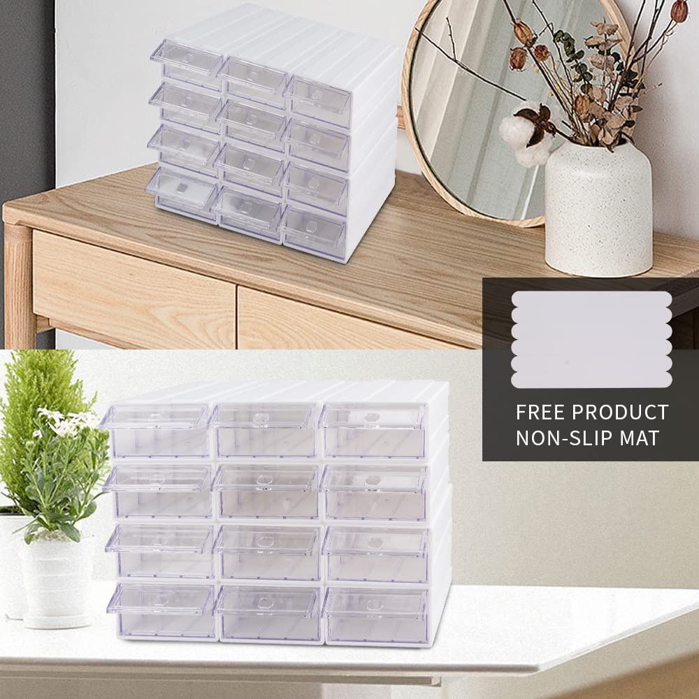 12 Pcs Drawer Stackable Storage Cabinet, White Plastic Organizer 12-Box-White