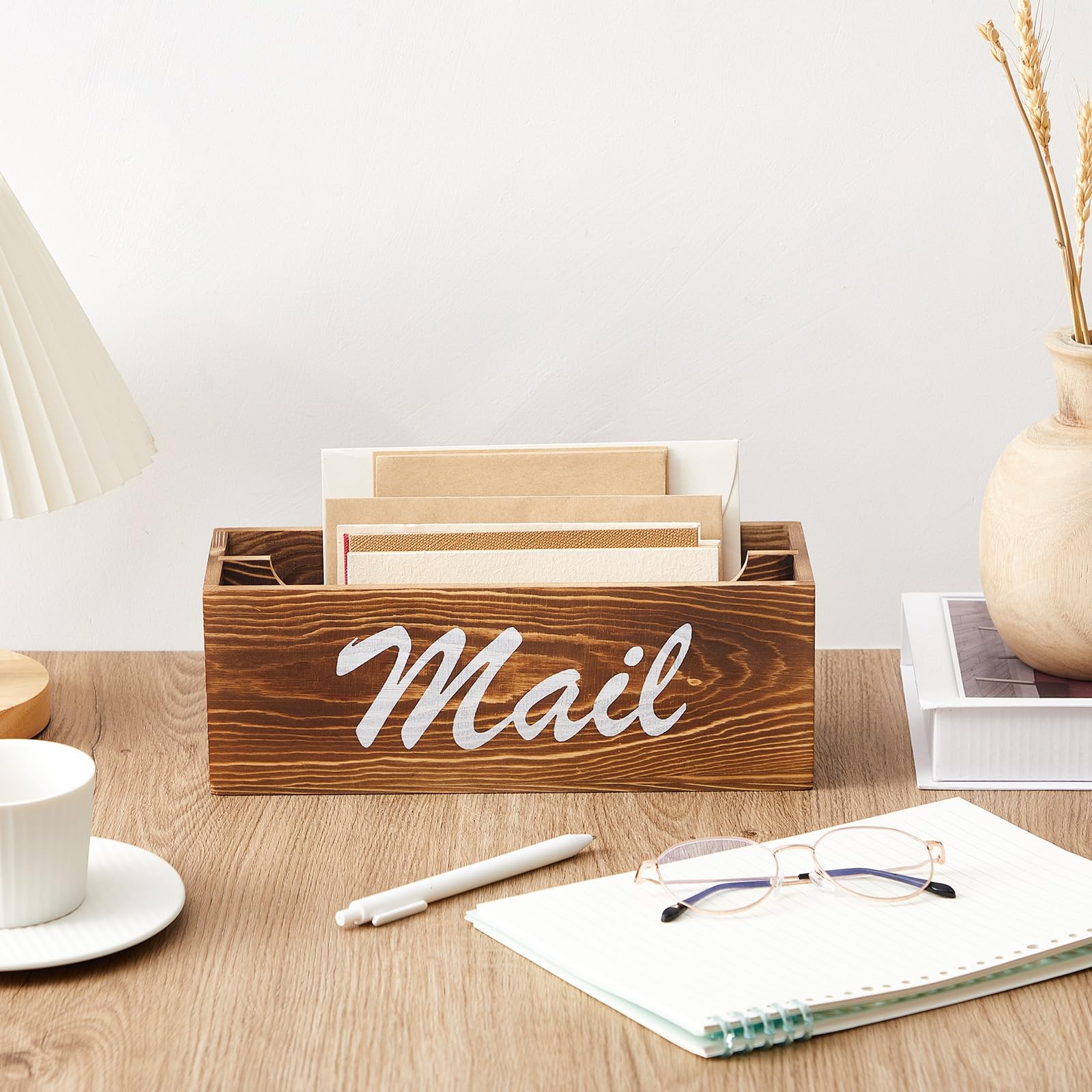 Wood Magnetic Mail Organizer Farmhouse Mail Holder for Fridge Rustic Paper Ba…