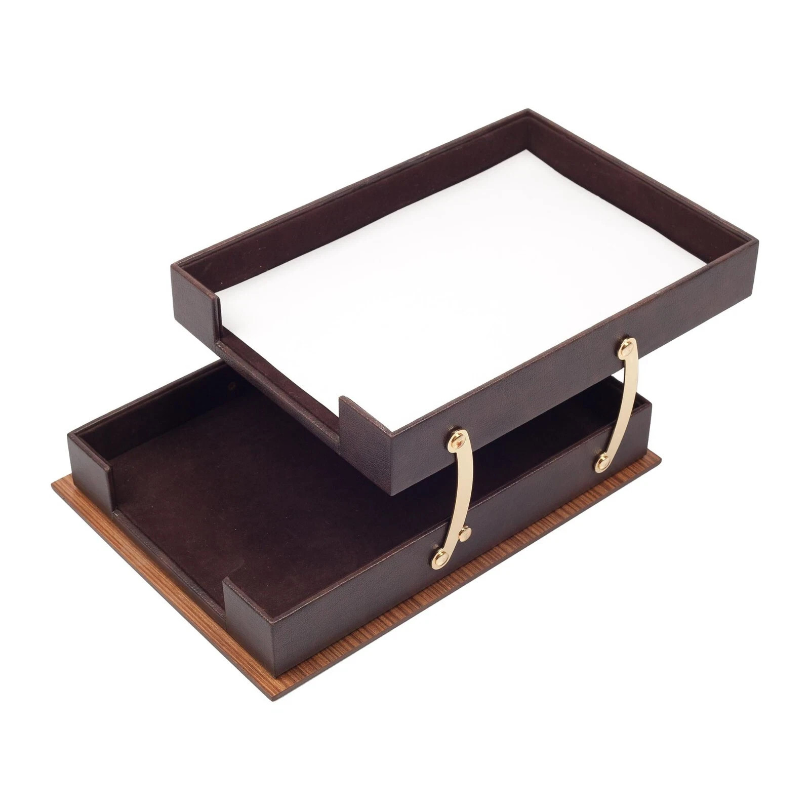 Luxury Leather&Wood Desk Set 11 Pcs with Double Tray Desk Organizer Brown