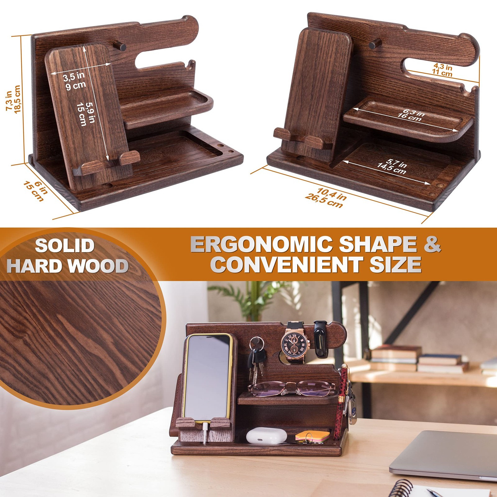 TESLYAR Wood Phone Docking Station for Men – Desk or Nightstand Bourbon Brown