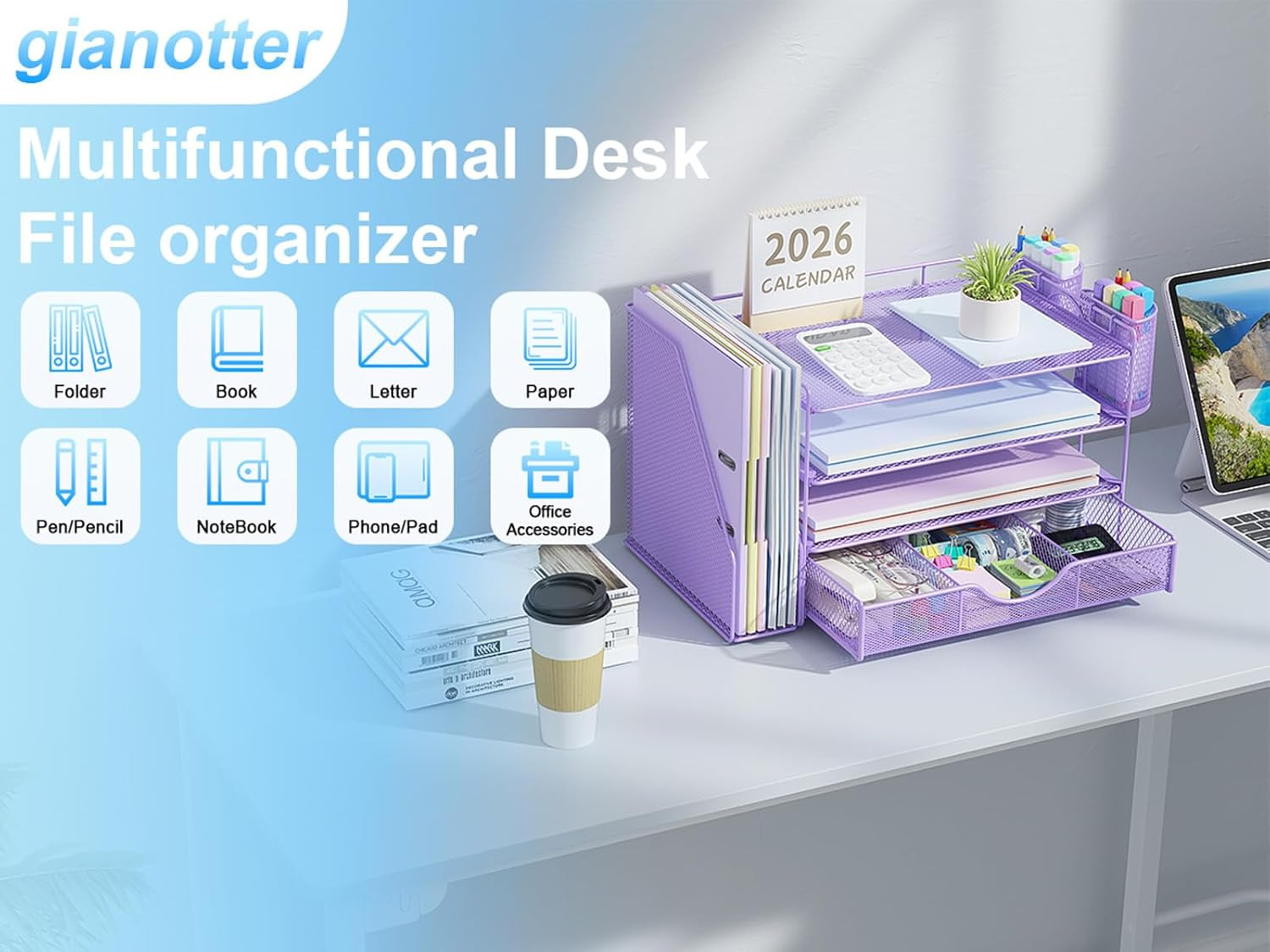 Gianotter Desk Organizers and Accessories with File Holder, 4-Tier Desk Accessor