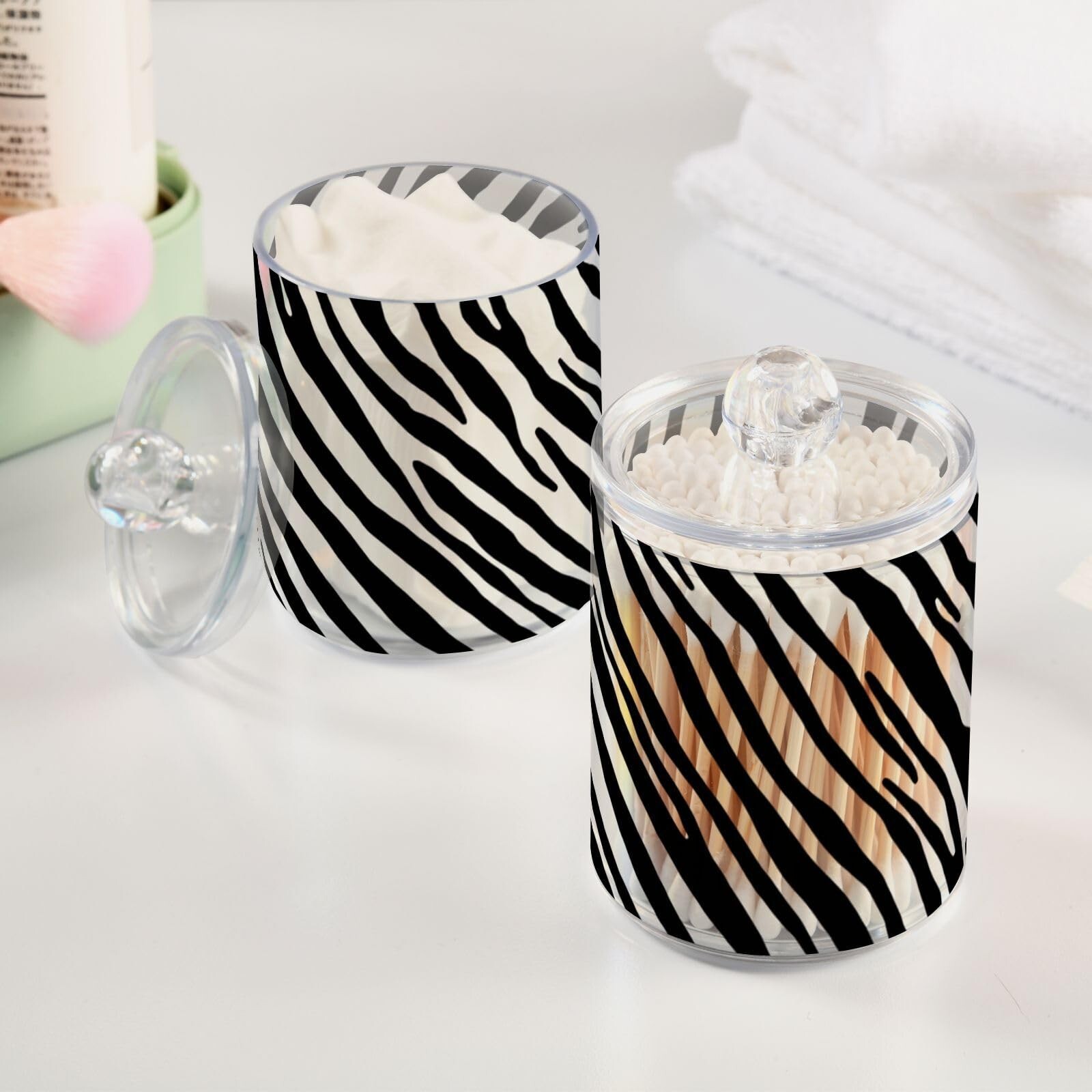 Zebra Print Black & White Qtip Holder Dispenser, Bathroom Organizer and Stora…