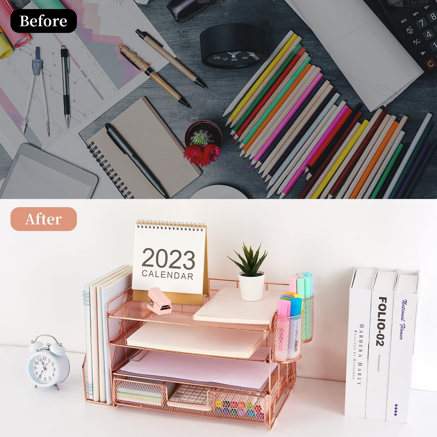 Paper Letter Tray with File Holder 4Tier Desk Organizers with Drawer 2Pen Holder