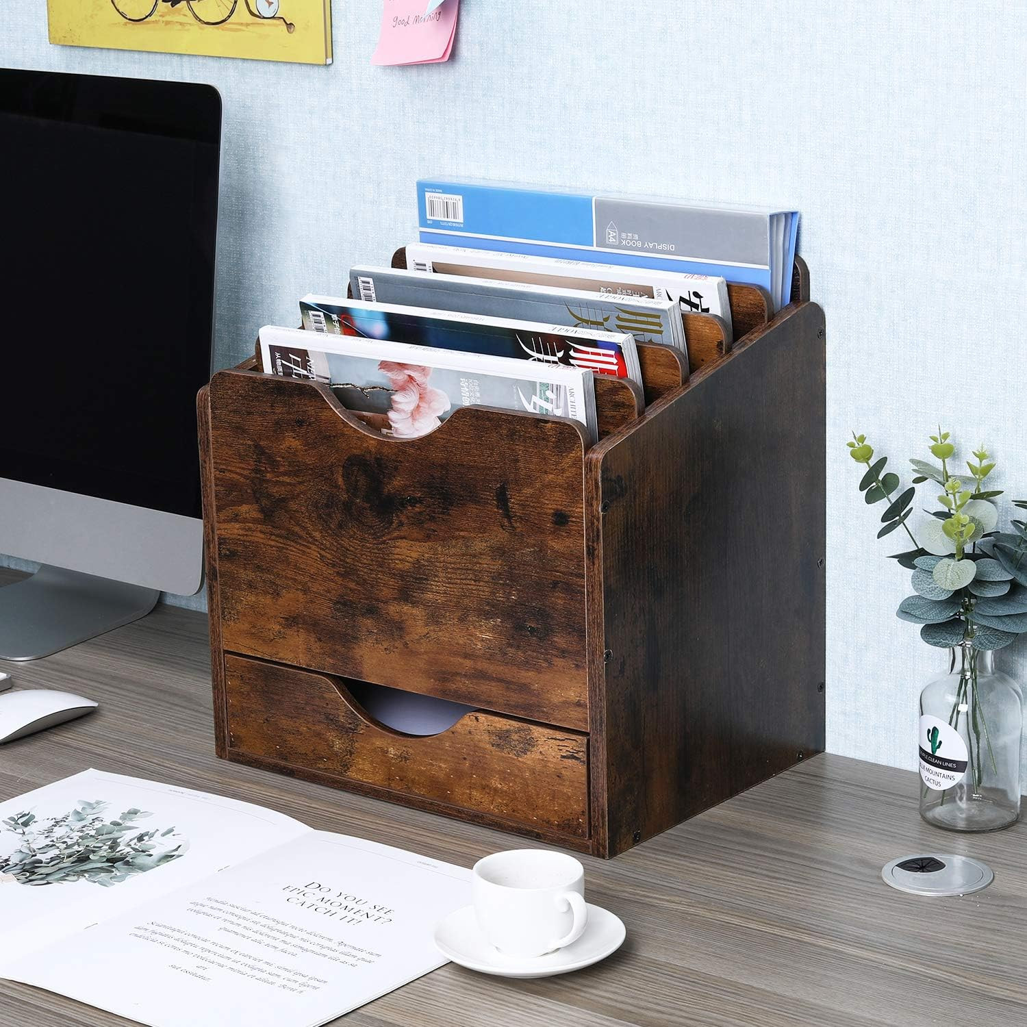 Wood Desktop File Holder Organizer Mail Sorter with Drawer, for File Folders, Ma