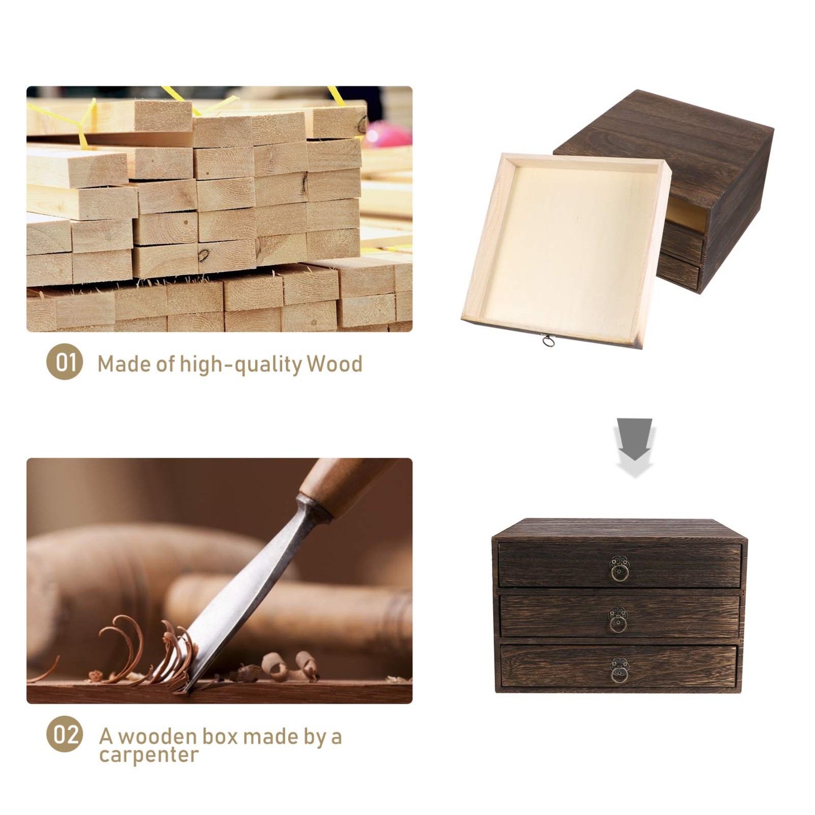 Cabilock Solid Wood Desktop Drawer Organizer with 25.5X24.5X15.5CM, 3 Tier