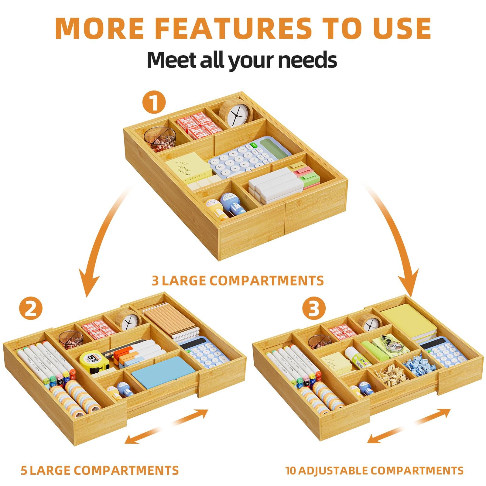Marbrasse Bamboo Expandable Drawer Organizer Desk Drawer Organizer Tray 5