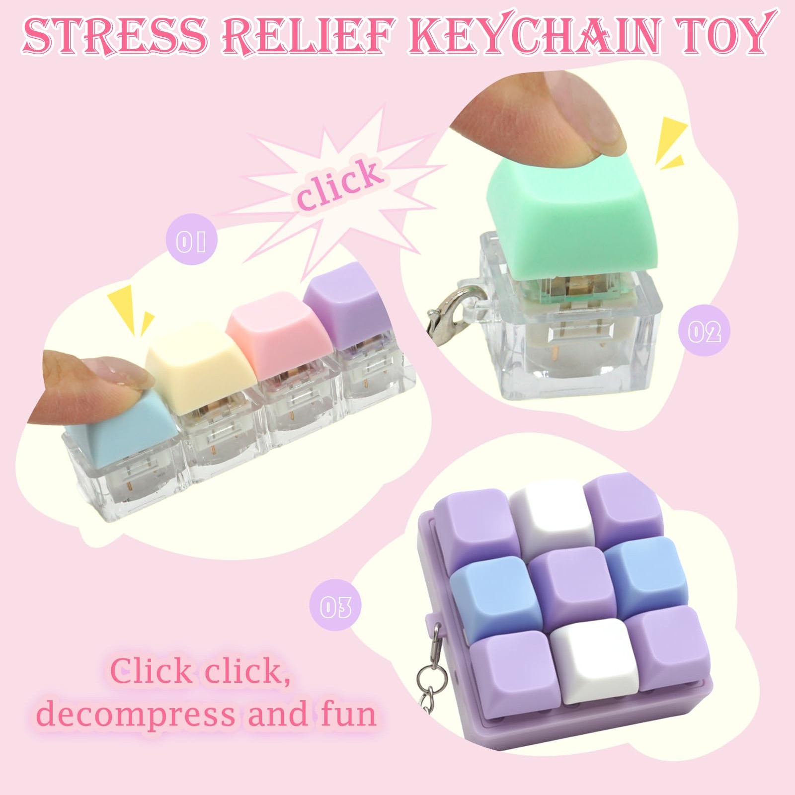 MILAKE Keyboard Fidget Set, 4 Pcs Small, Purple, Pink, Green, Blue, Yellow