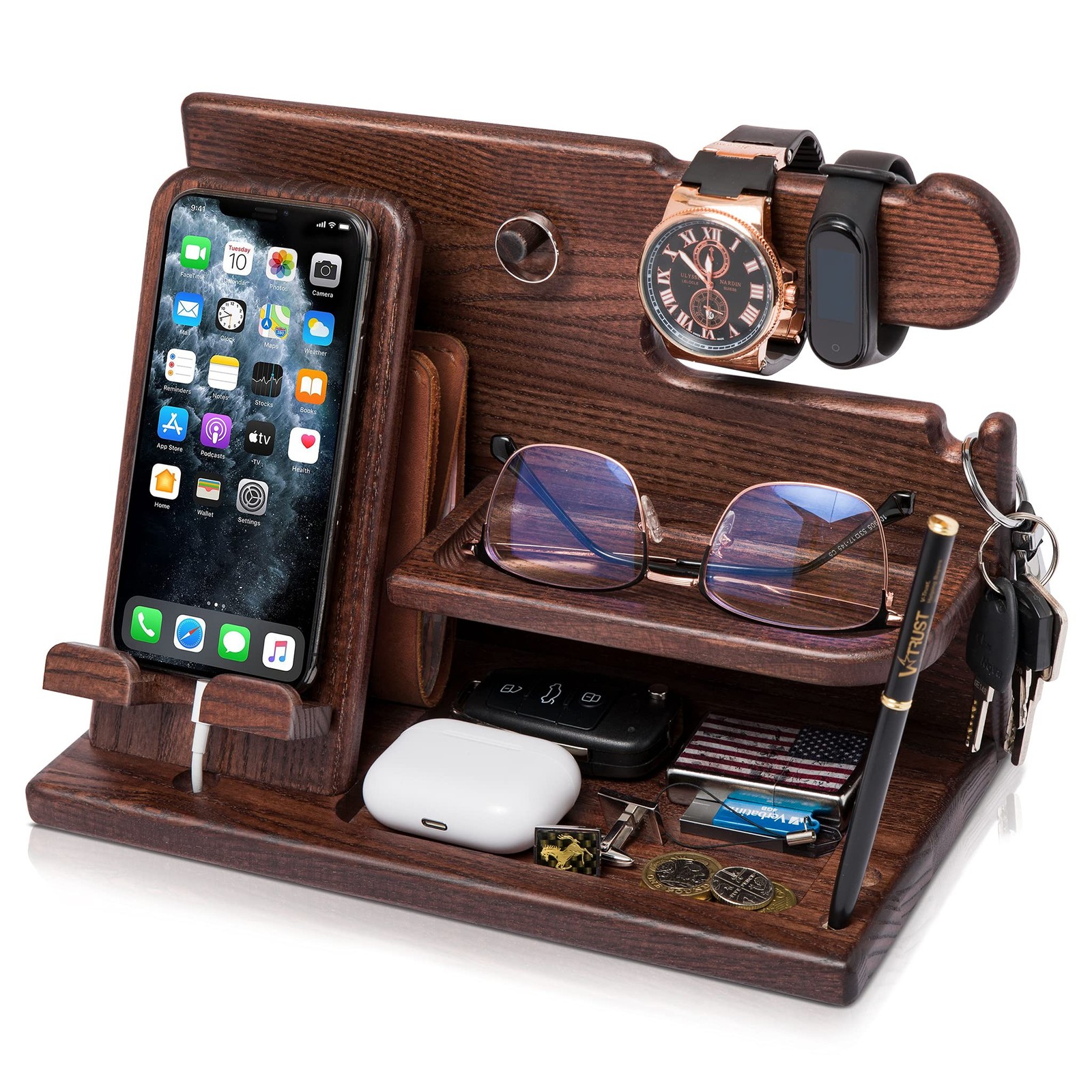 TESLYAR Wood Phone Docking Station for Men – Desk or Nightstand Bourbon Brown