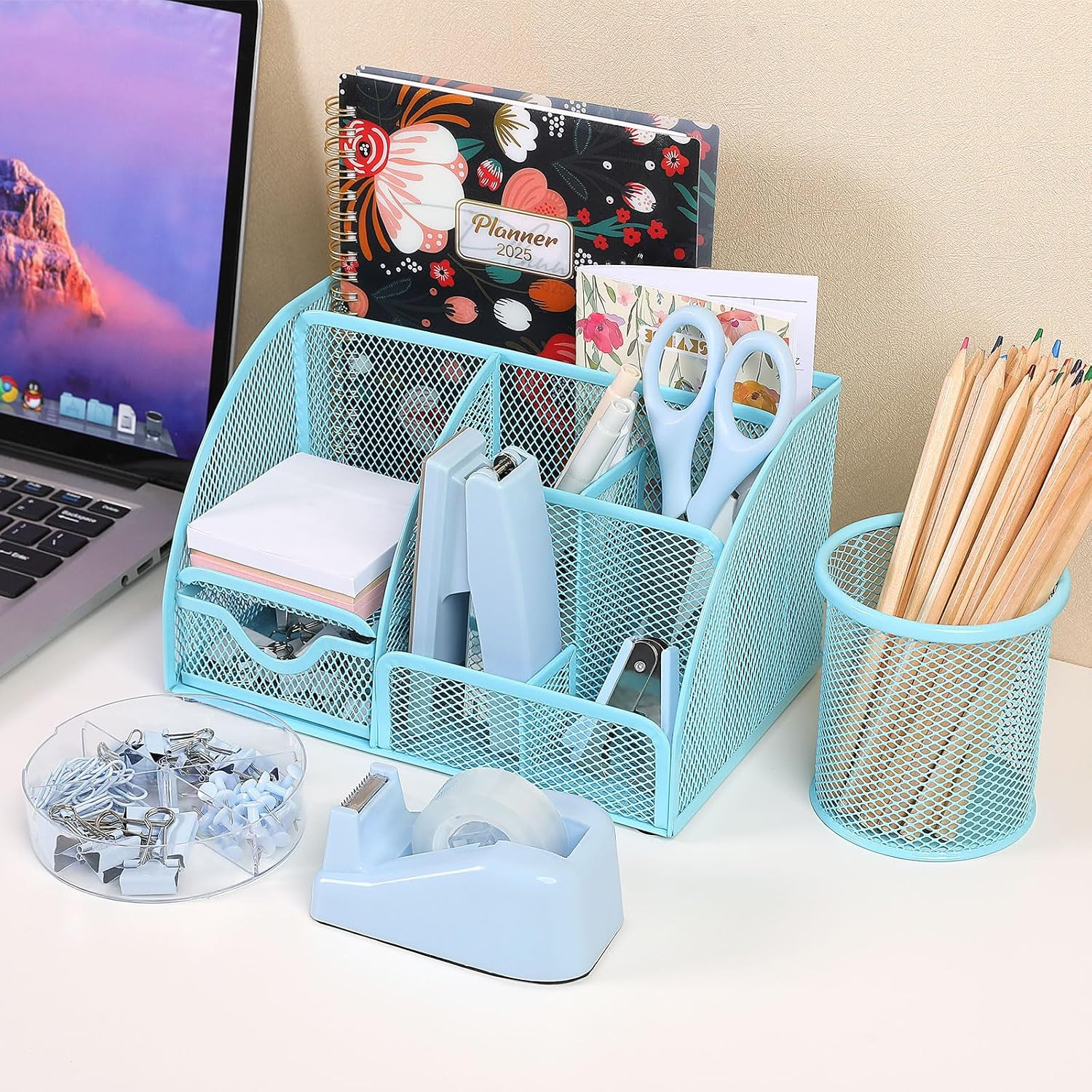 Blue Office Supplies Set, Office Desk Accessories, Mesh Desk Organizer, Stapler,