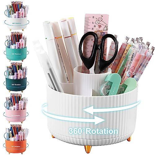 Pencil Holder For Desk,5 Slots 360°Degree Rotating Desk Organizers And B-White