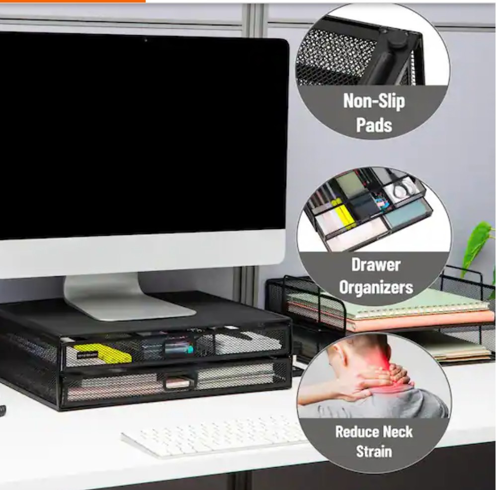 Mind Reader 2 Drawer 2 Tier Mesh Monitor Stand Black 15.75″L x 12″W x 4.5″H