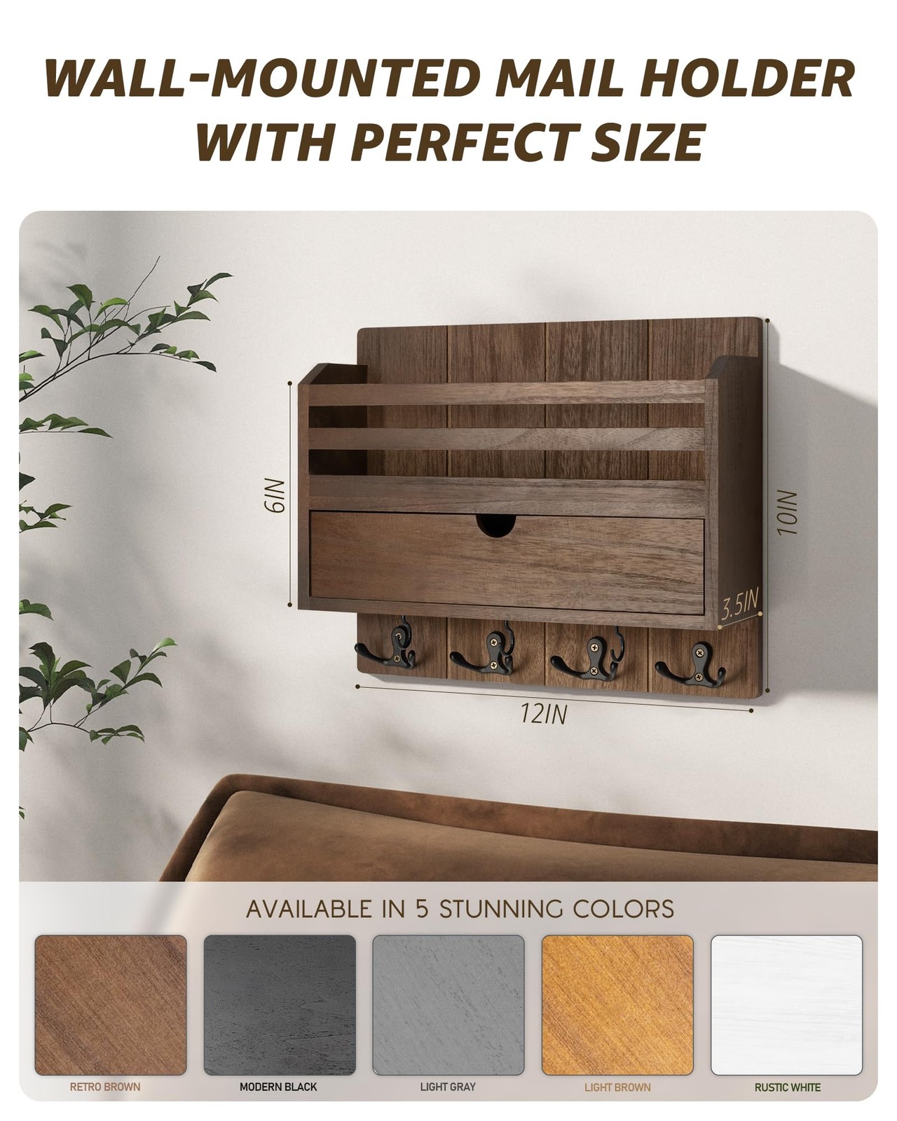 Farmhouse Wood Mail Organizer Wall Mount – Key and Mail Holder for Wall with Sto
