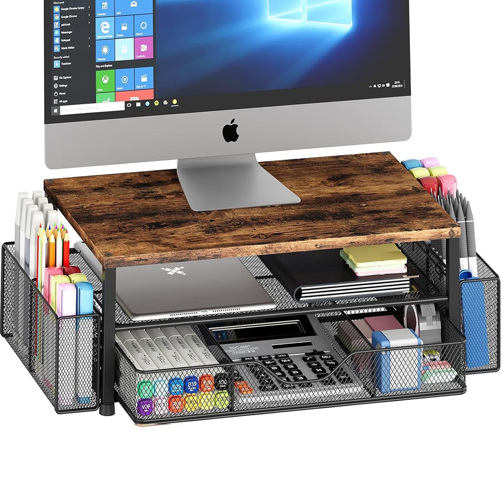 2-Tier Wood Monitor Stand Riser with Drawer & 2 Pen Holders – Office Desk Organi