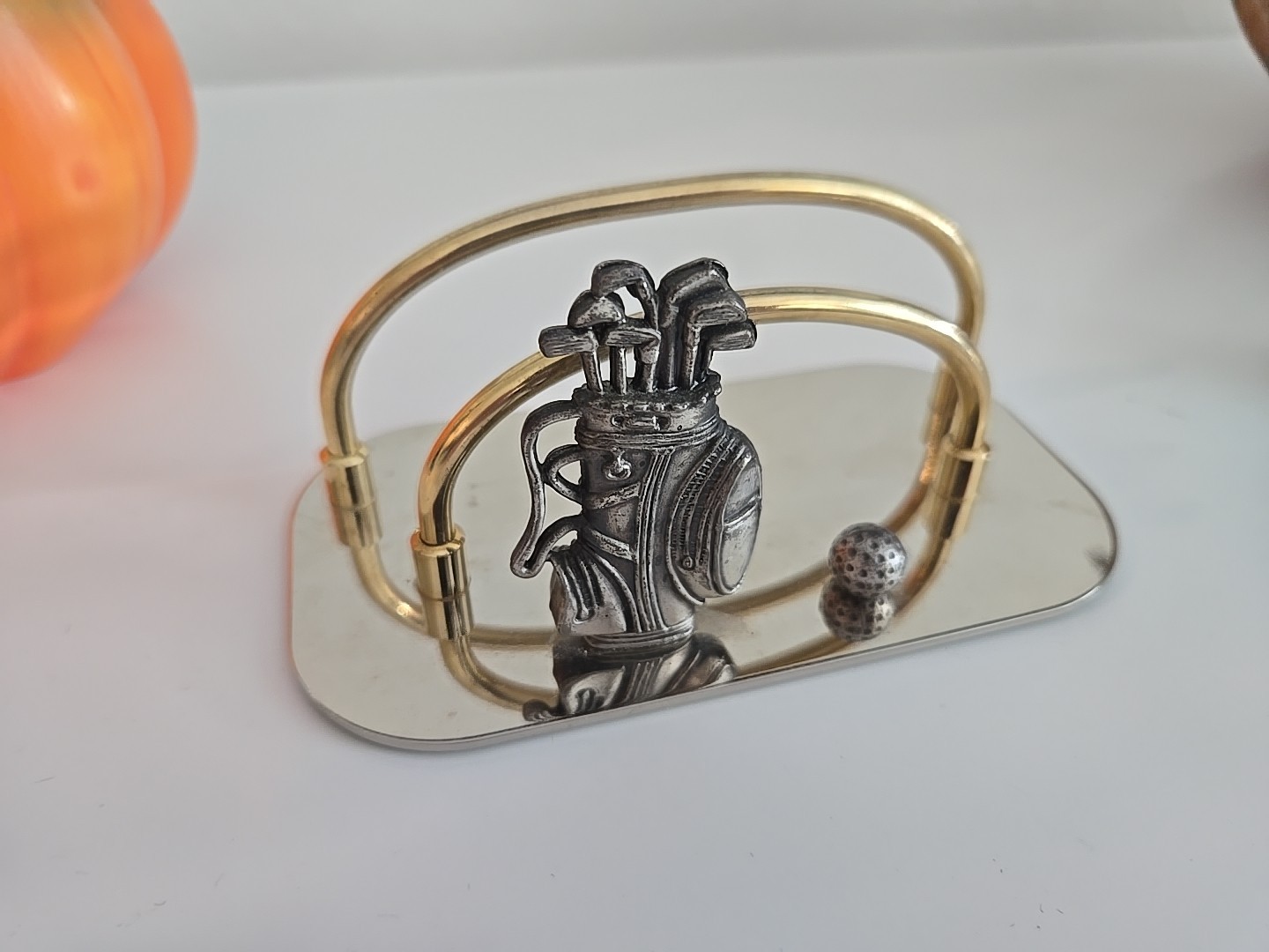 Vintage Desk Set Letter Holder Silver Brass Coin Trinket Dish Golf Bag Club Ball