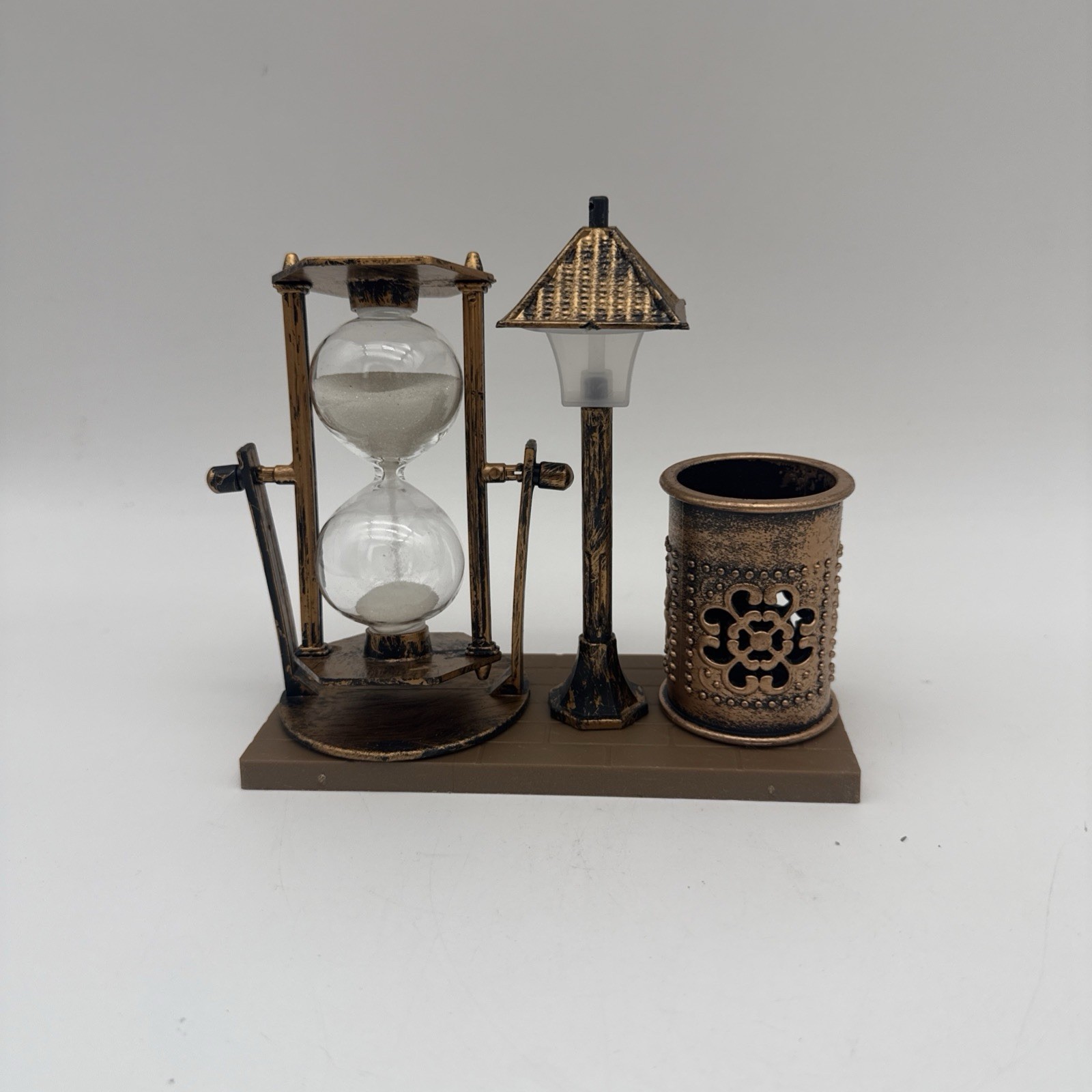 Vintage Desk Organizer Set with Hourglass Timer Bronze Pen Holder Decor, New USA